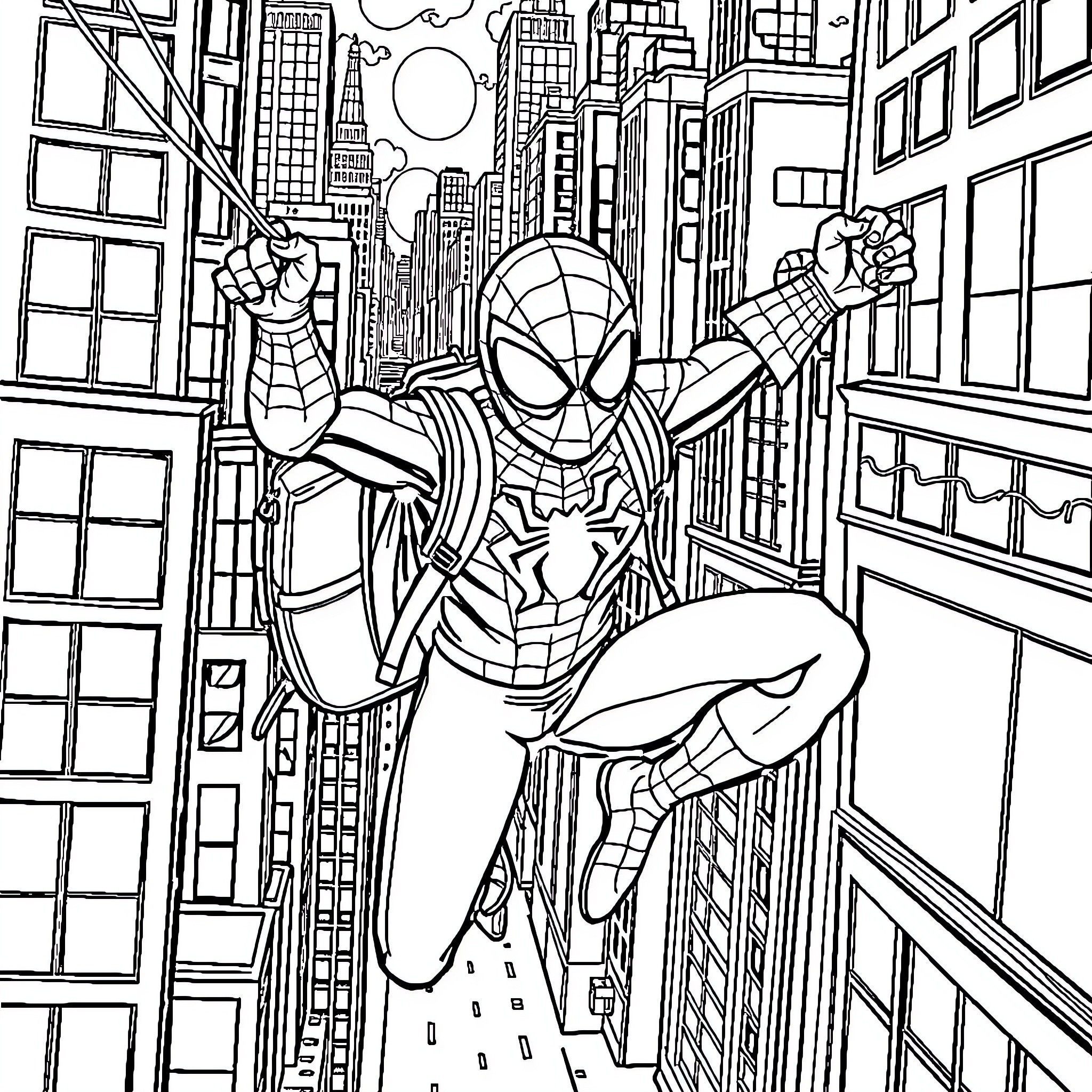Spiderman swinging through the city Coloring Page (free black-and-white line drawing printable PDF for all, from beginners to advanced learners, including children, teens, adults, and seniors)