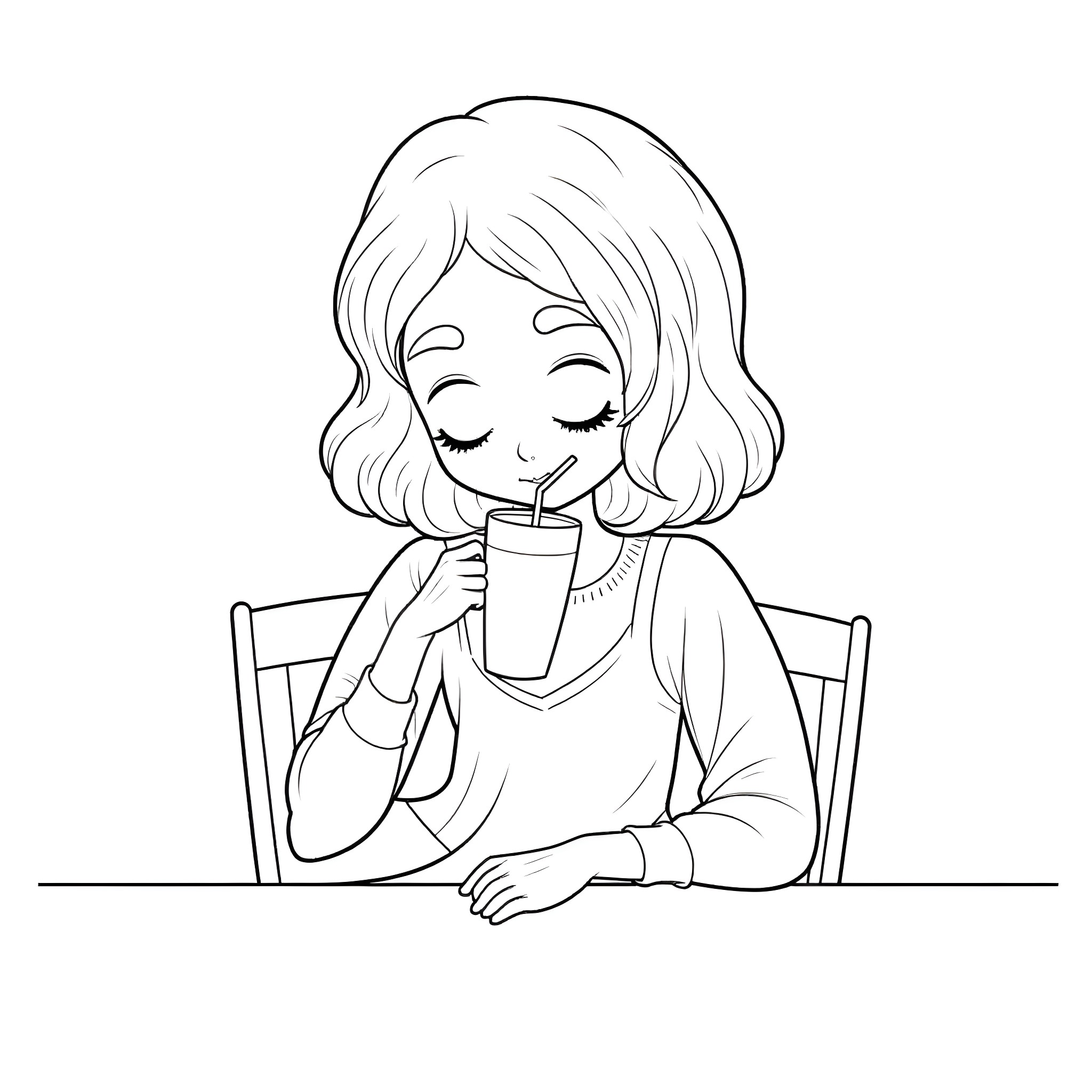 Melody enjoying a refreshing drink Coloring Page (free black-and-white line drawing printable PDF for all, from beginners to advanced learners, including children, teens, adults, and seniors)