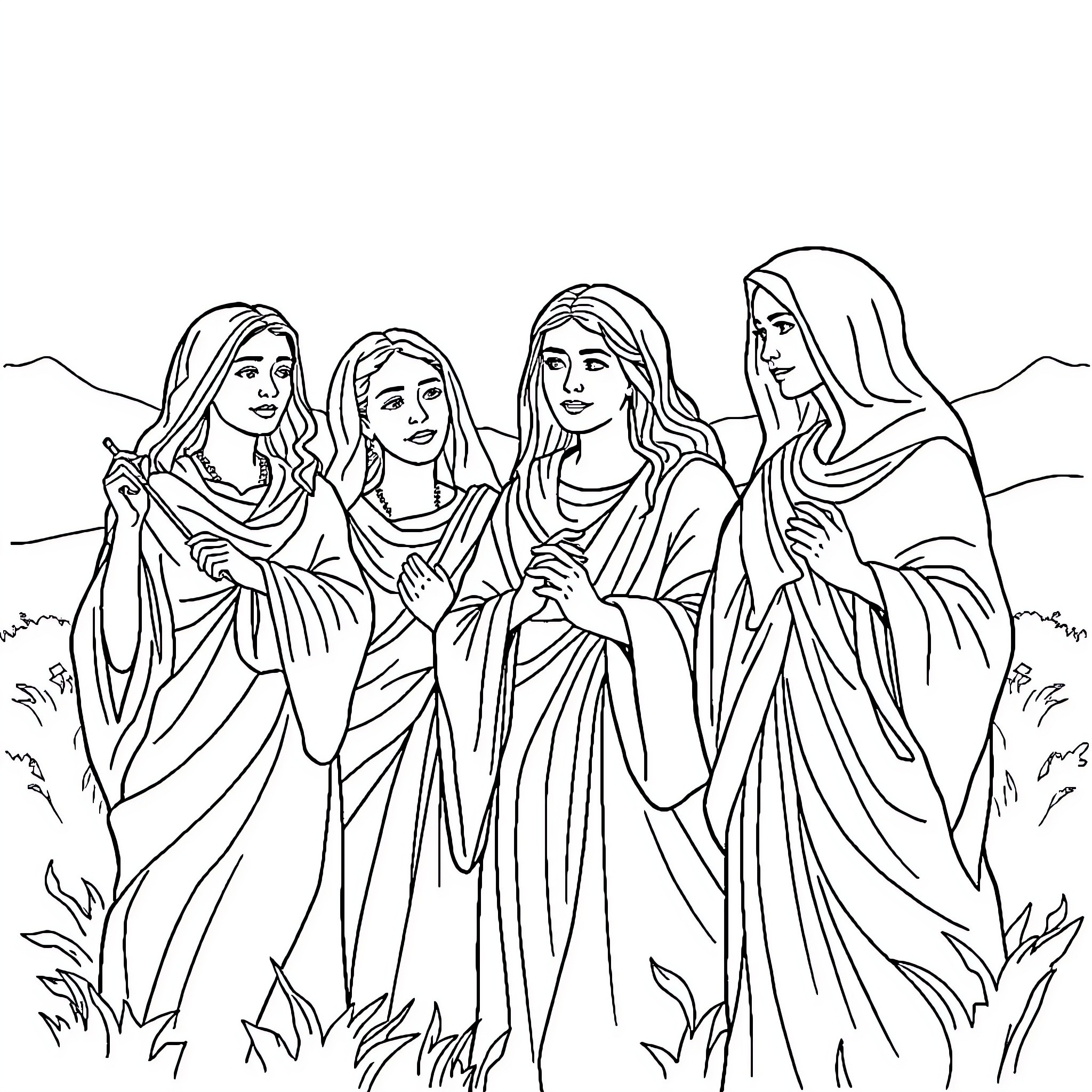 Woman in traditional robes standing together in nature Coloring Page (free black-and-white line drawing printable PDF for all, from beginners to advanced learners, including children, teens, adults, and seniors)