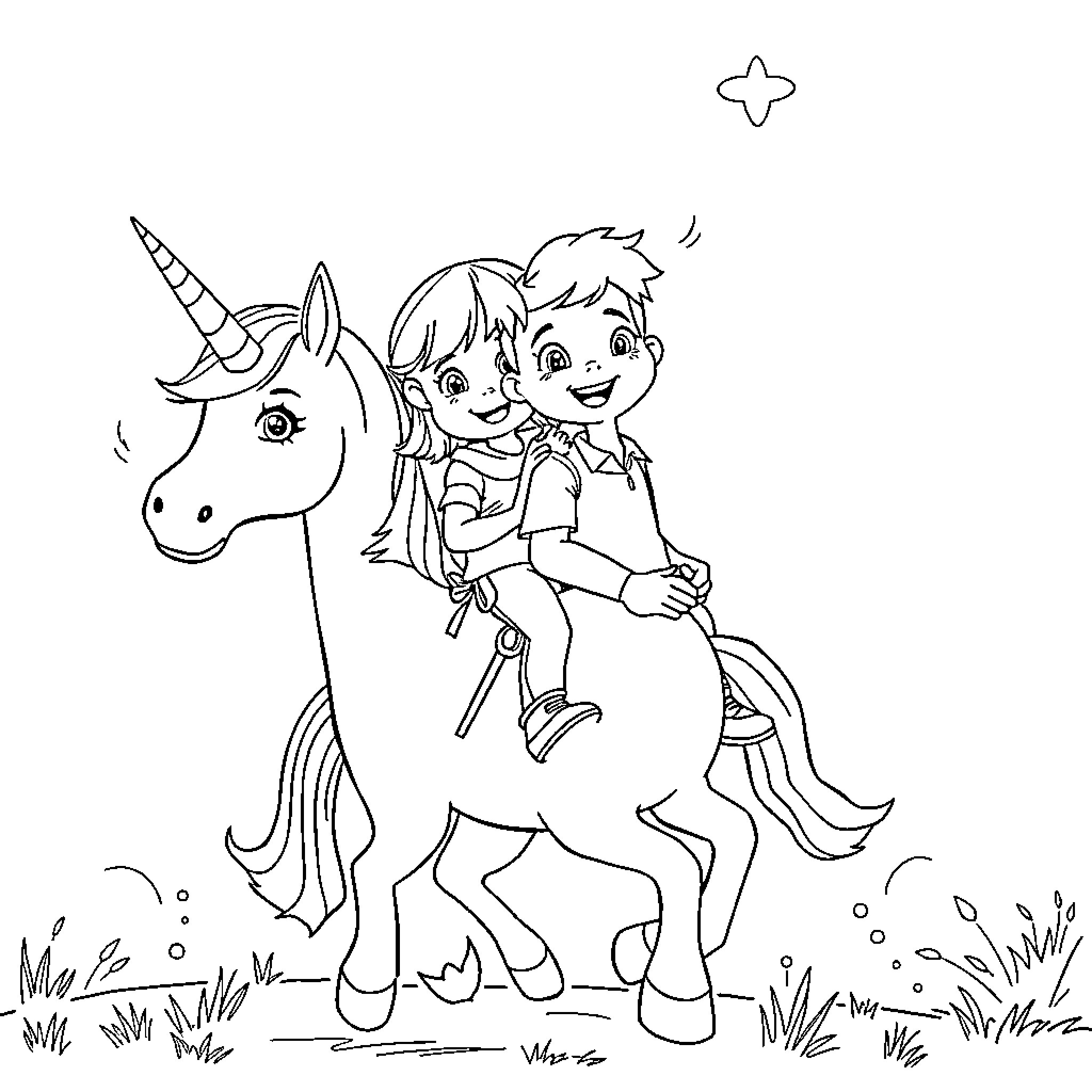 Unicorn Ride with Joyful Children Coloring Page (free black-and-white line drawing printable PDF for all, from beginners to advanced learners, including children, teens, adults, and seniors)
