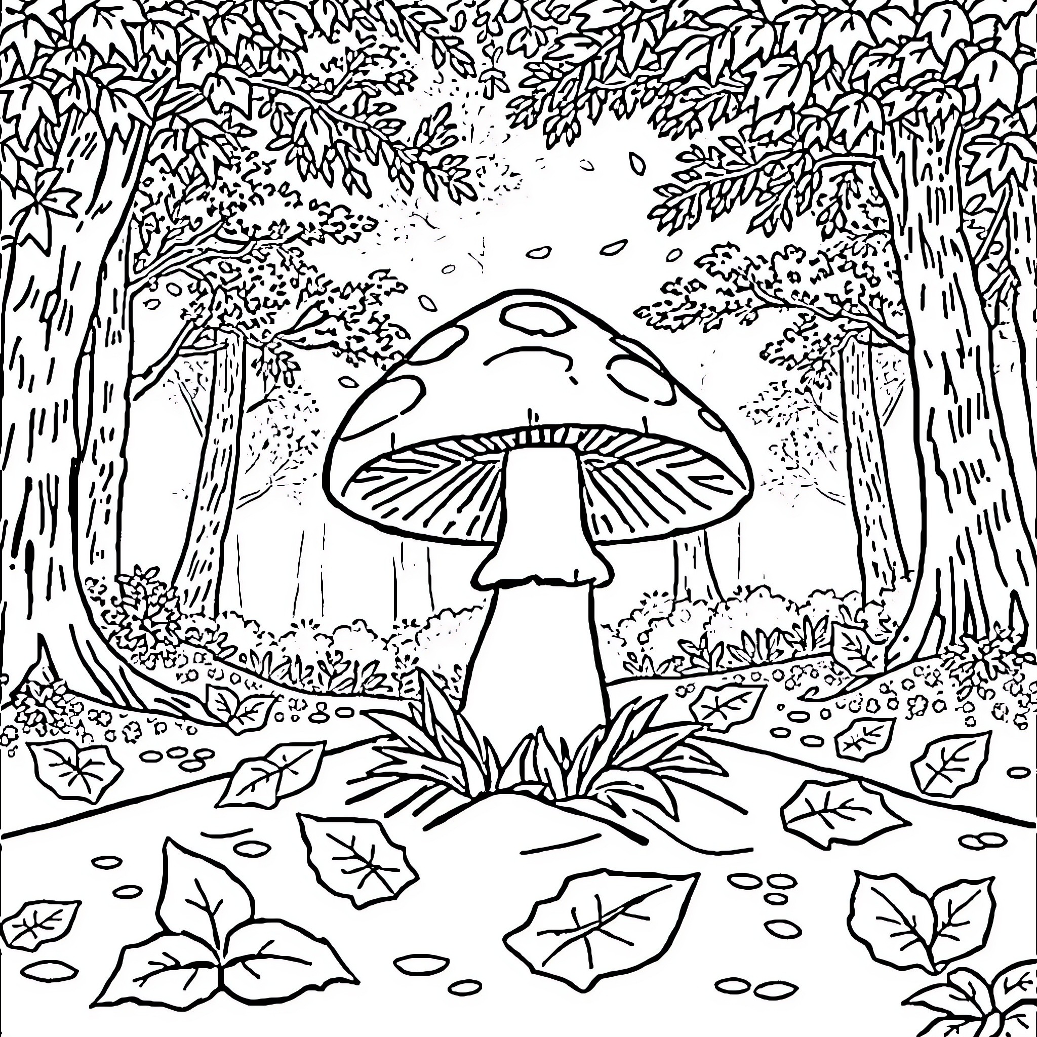 Mushroom in the Enchanting Forest Coloring Page (free black-and-white line drawing printable PDF for all, from beginners to advanced learners, including children, teens, adults, and seniors)
