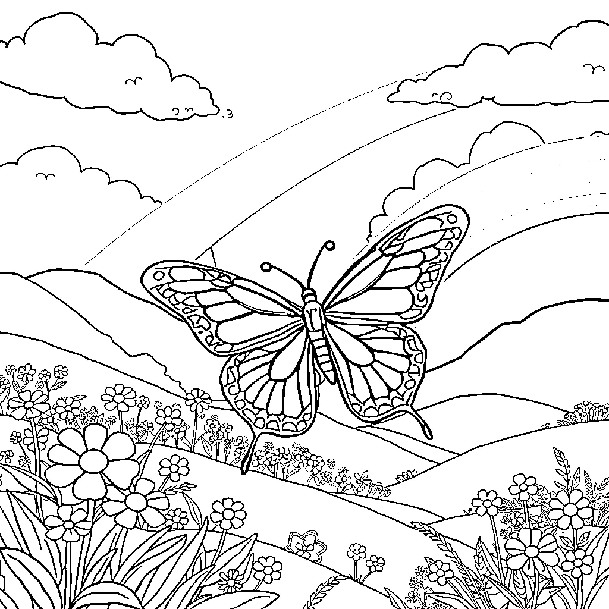 Butterfly flying over a blooming field Coloring Page (free black-and-white line drawing printable PDF for all, from beginners to advanced learners, including children, teens, adults, and seniors)