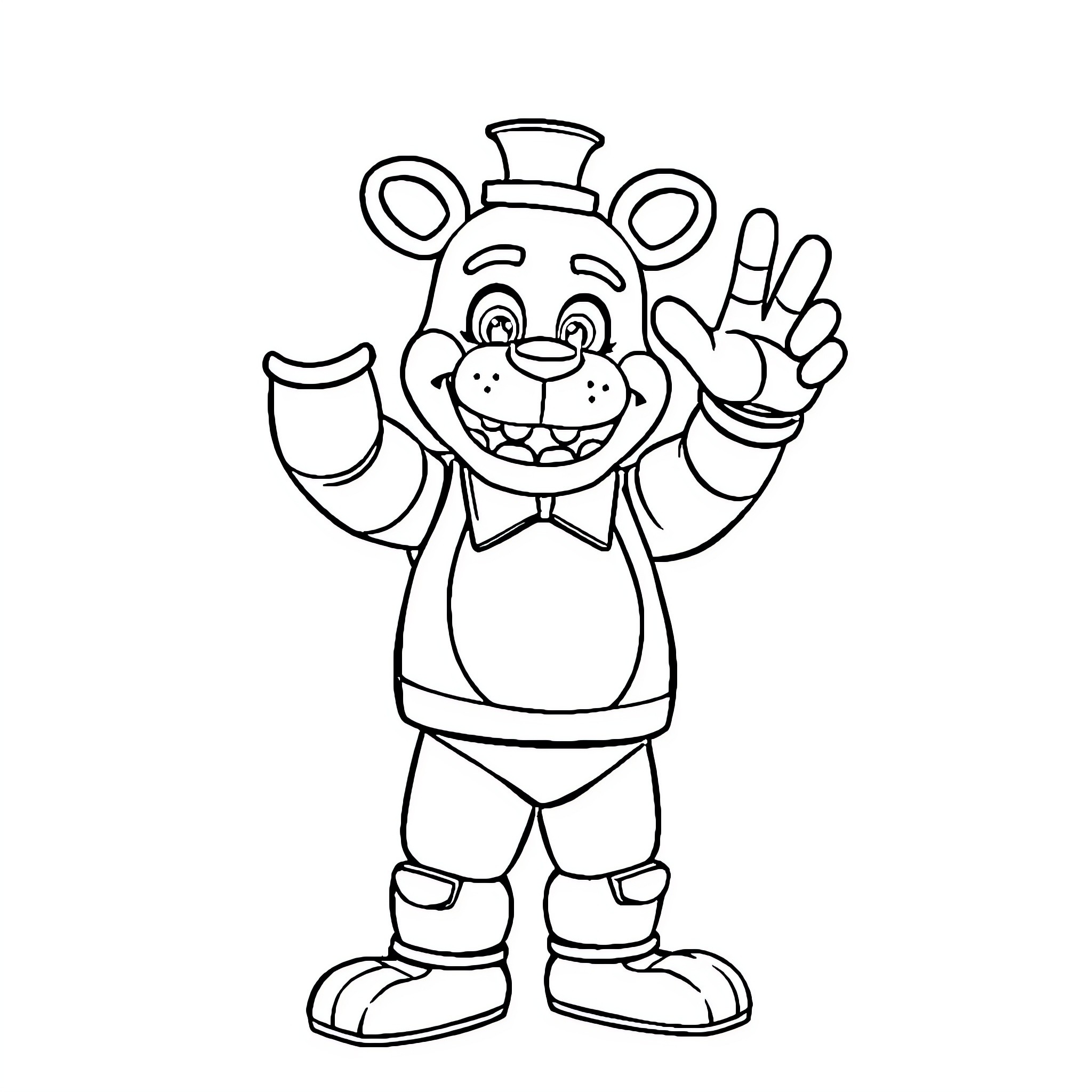 Freddy Fazbear's Friendly Greeting Coloring Page (free black-and-white line drawing printable PDF for all, from beginners to advanced learners, including children, teens, adults, and seniors)