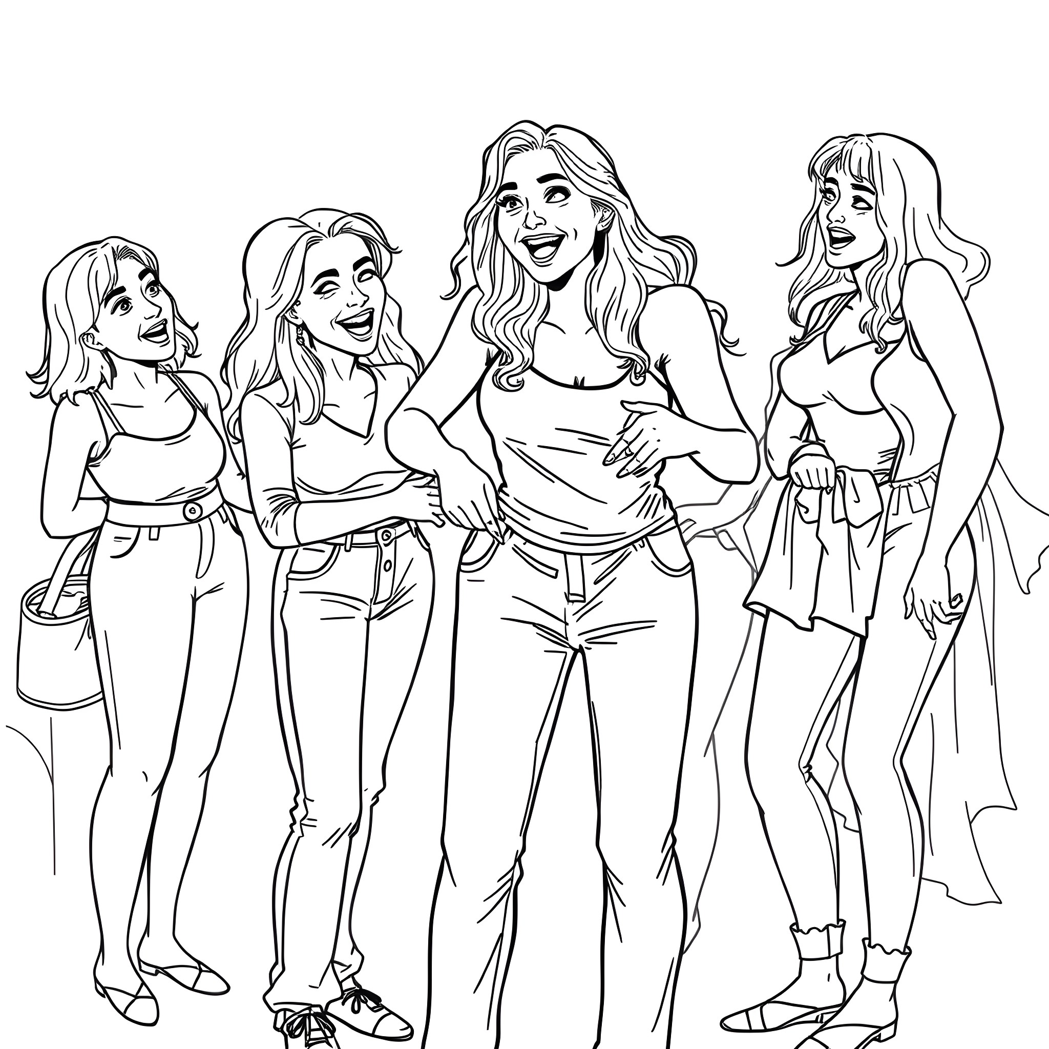 Woman laughing joyfully with friends in casual outfits Coloring Page (free black-and-white line drawing printable PDF for all, from beginners to advanced learners, including children, teens, adults, and seniors)