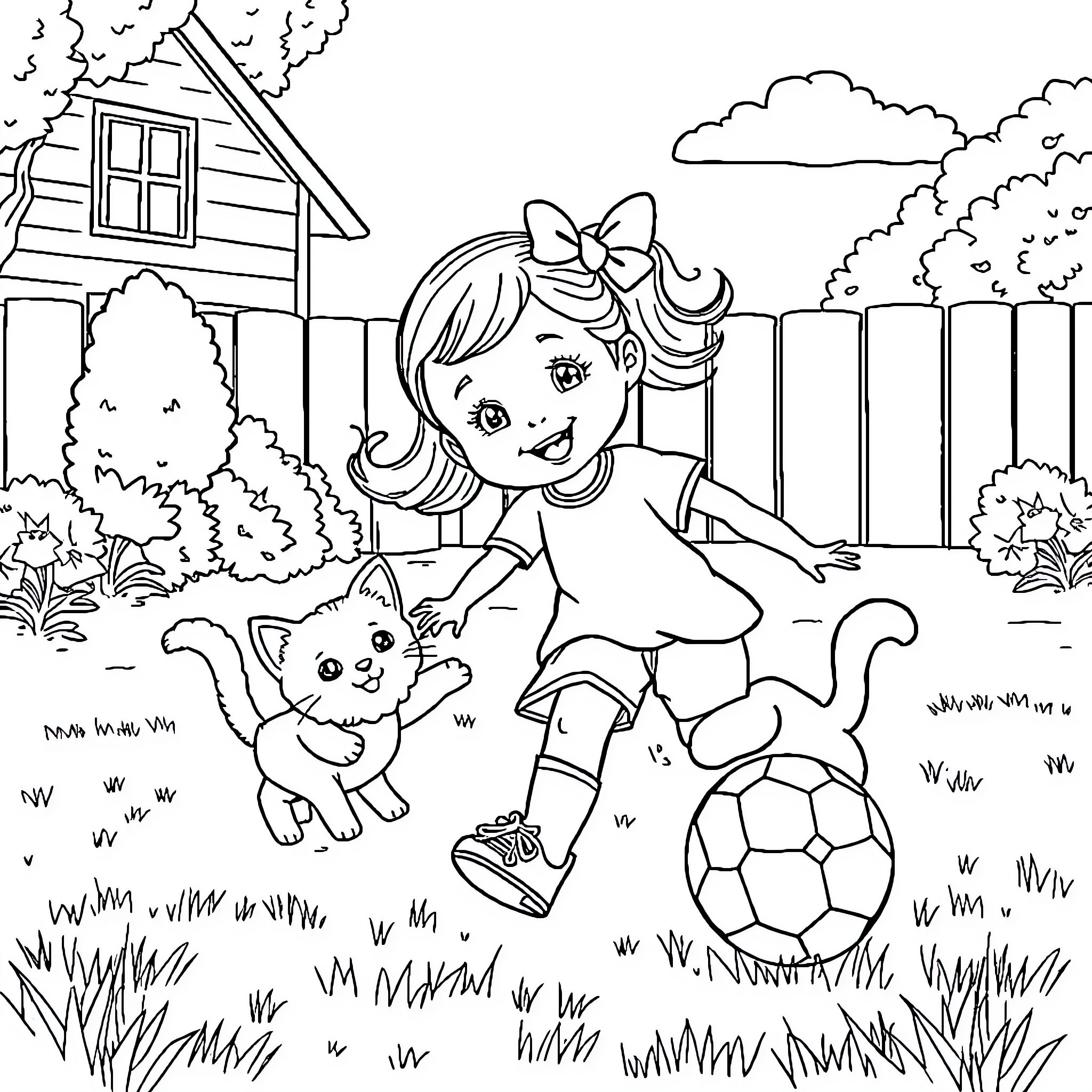 Girl playing with kitten and soccer ball in the yard Coloring Page (free black-and-white line drawing printable PDF for all, from beginners to advanced learners, including children, teens, adults, and seniors)