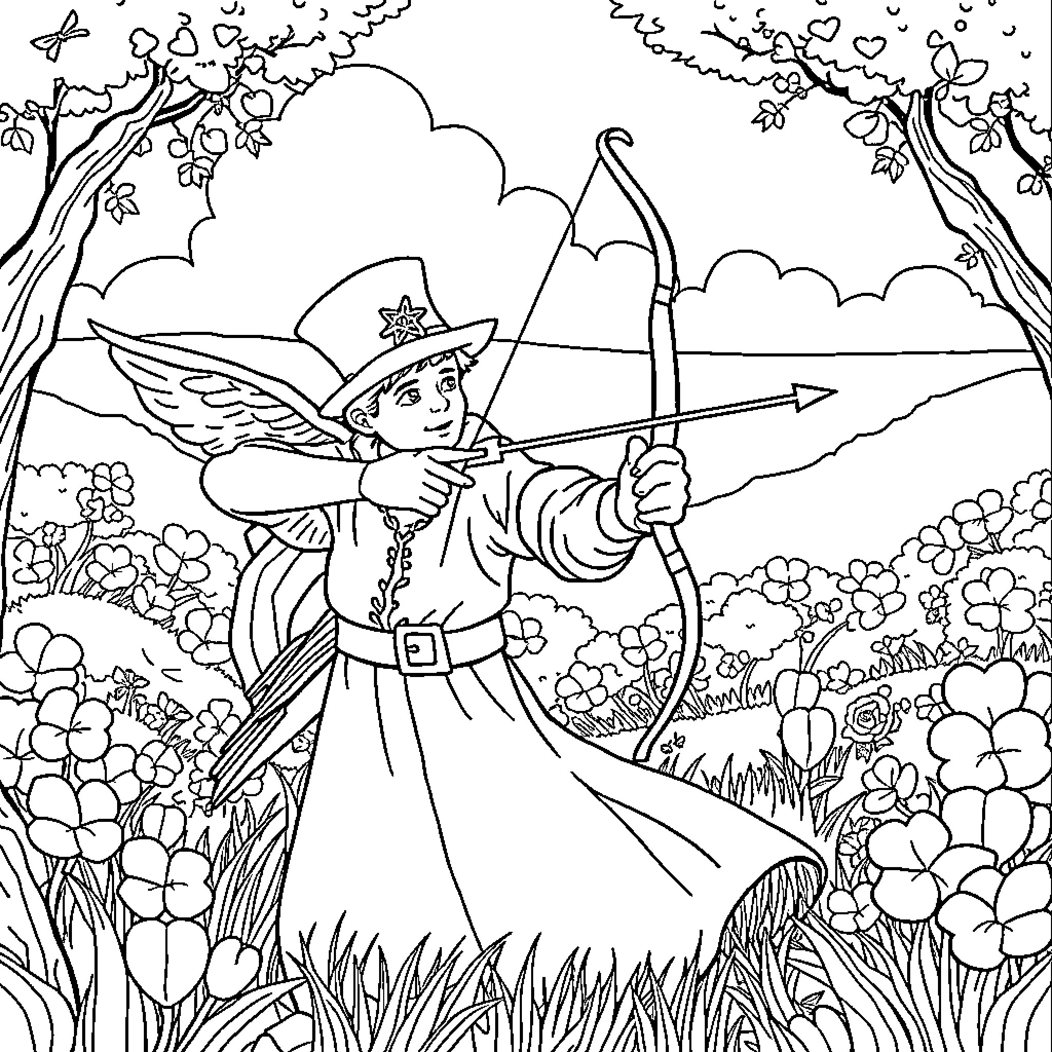 St. Patrick's Archery Adventure in the Enchanted Forest Coloring Page (free black-and-white line drawing printable PDF for all, from beginners to advanced learners, including children, teens, adults, and seniors)