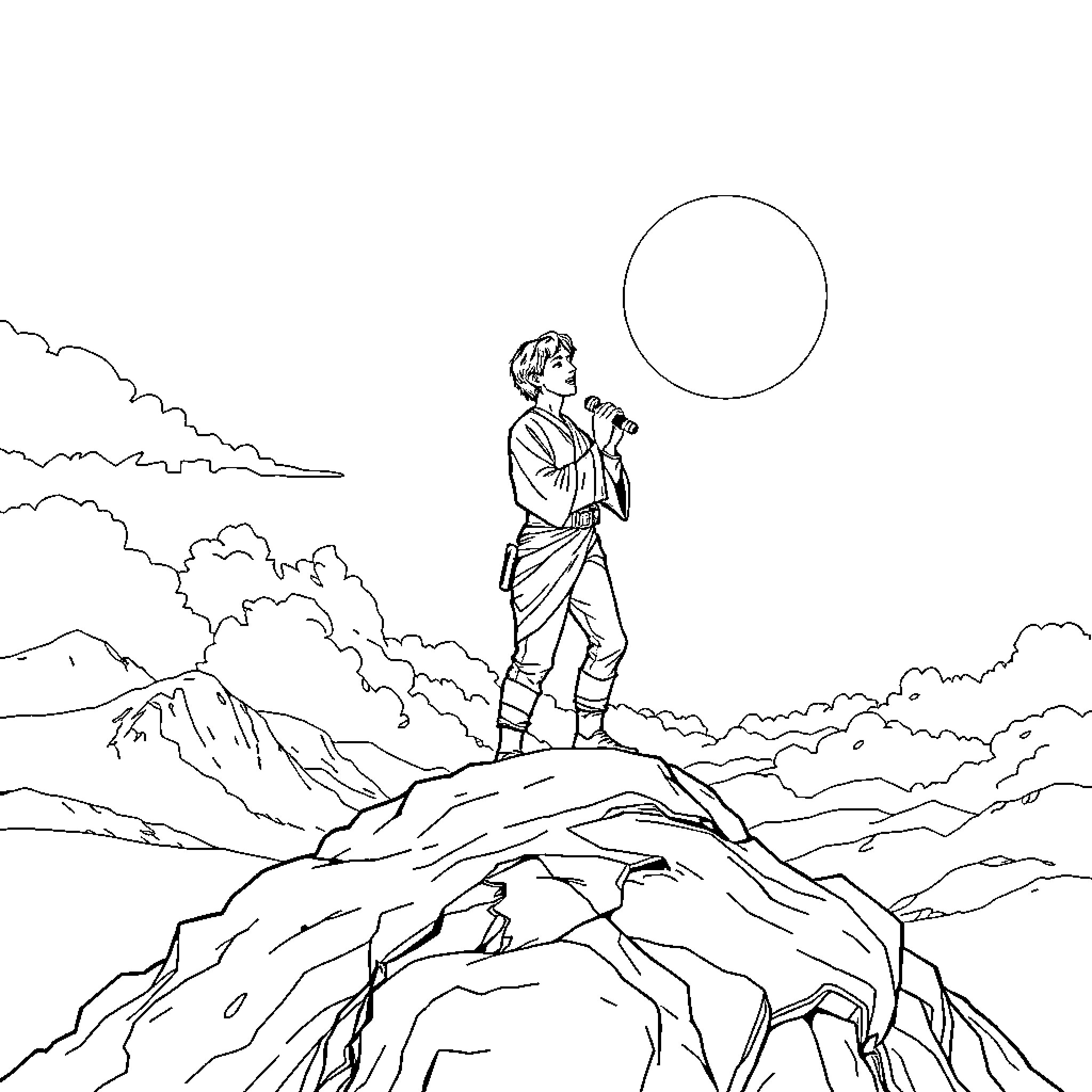 Luke Skywalker contemplating the Force in a mountainous landscape Coloring Page (free black-and-white line drawing printable PDF for all, from beginners to advanced learners, including children, teens, adults, and seniors)