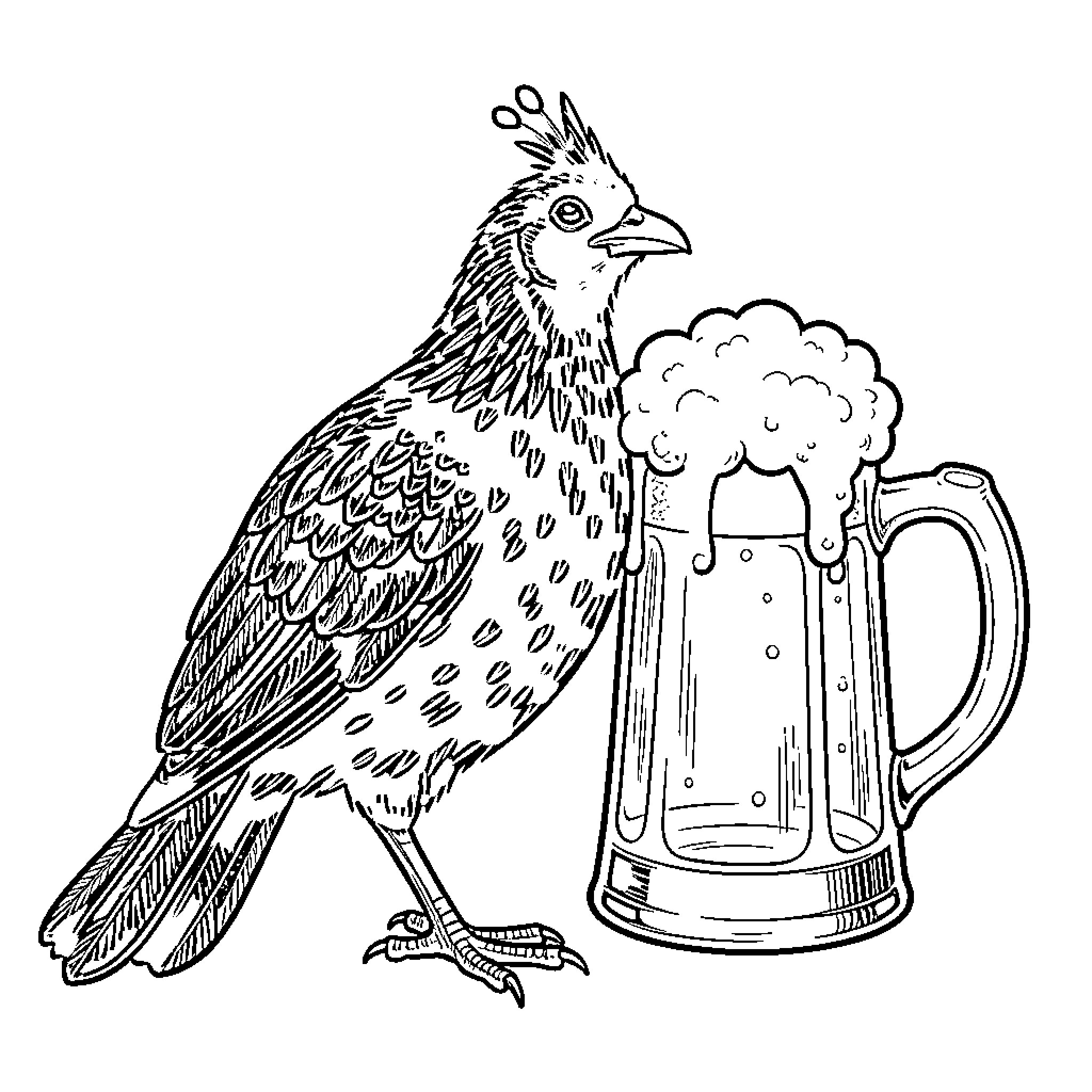 Urogallo perched near a mug of beer Coloring Page (free black-and-white line drawing printable PDF for all, from beginners to advanced learners, including children, teens, adults, and seniors)