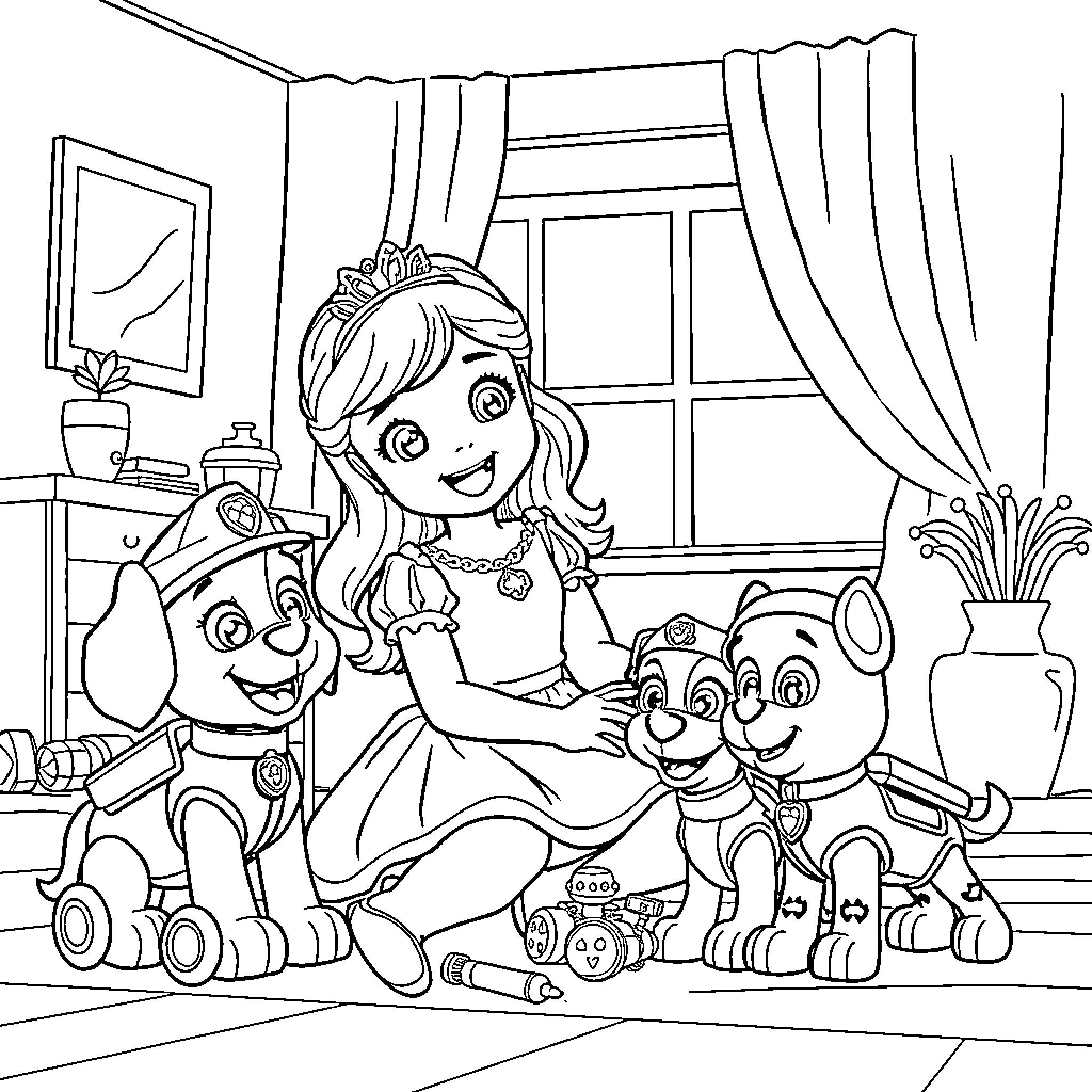 Princess playing with cute cartoon characters Coloring Page (free black-and-white line drawing printable PDF for all, from beginners to advanced learners, including children, teens, adults, and seniors)