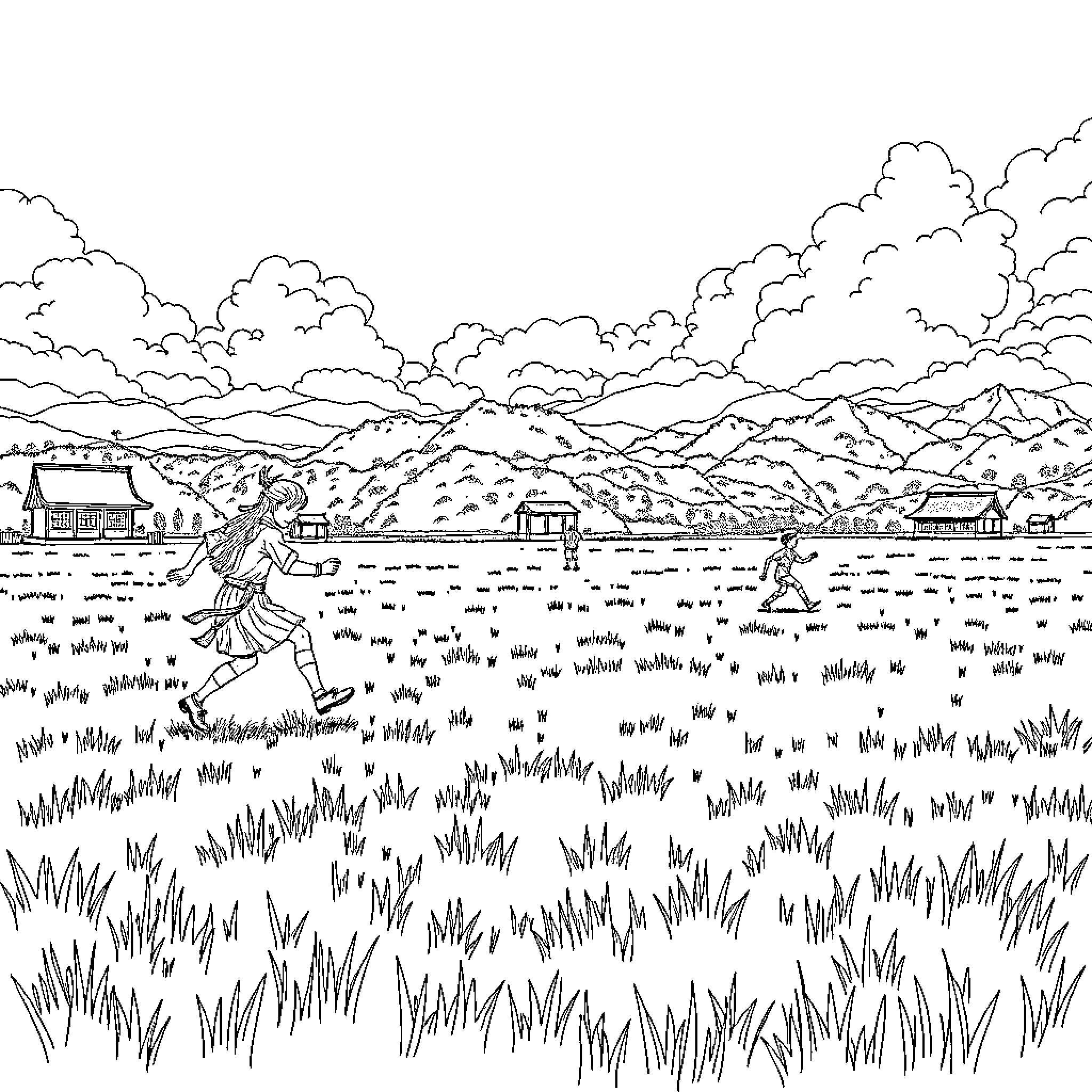 Ghost of a Person Wandering Through a Grassy Field Coloring Page (free black-and-white line drawing printable PDF for all, from beginners to advanced learners, including children, teens, adults, and seniors)