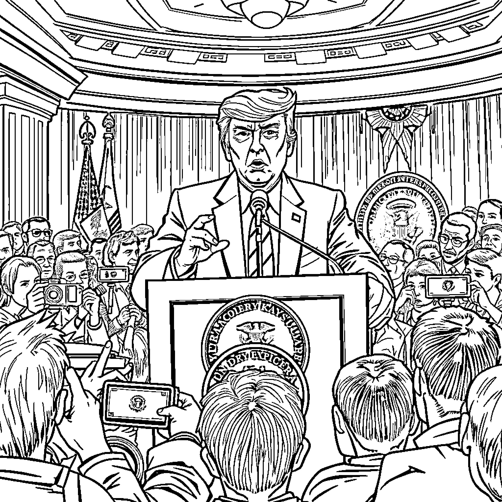 Donald Trump speaking at a political rally Coloring Page (free black-and-white line drawing printable PDF for all, from beginners to advanced learners, including children, teens, adults, and seniors)