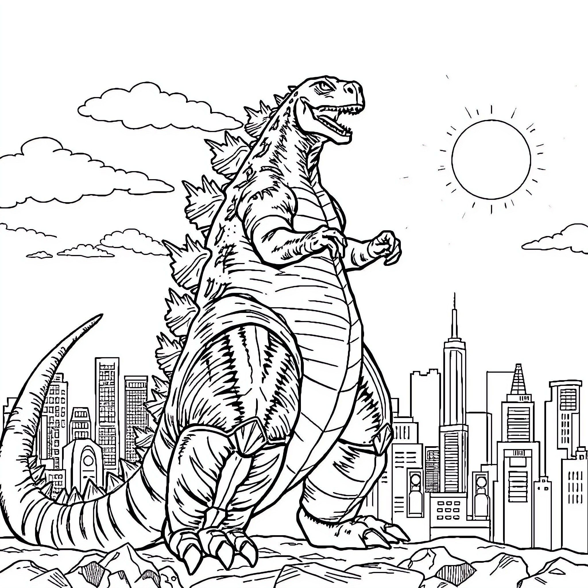 Godzilla terrorizes the city with its mighty presence Coloring Page (free black-and-white line drawing printable PDF for all, from beginners to advanced learners, including children, teens, adults, and seniors)