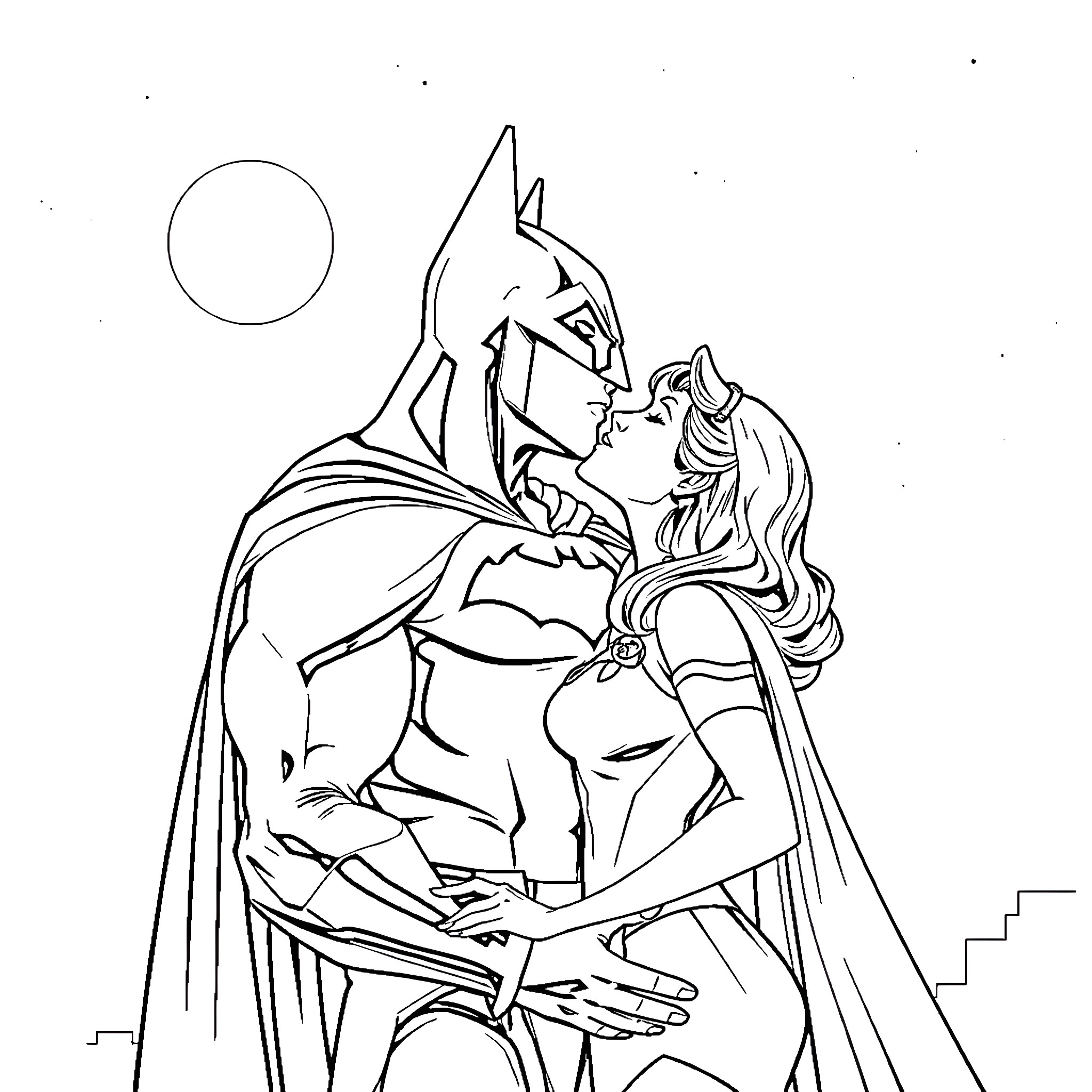 Batman embracing a woman under the moonlight Coloring Page (free black-and-white line drawing printable PDF for all, from beginners to advanced learners, including children, teens, adults, and seniors)