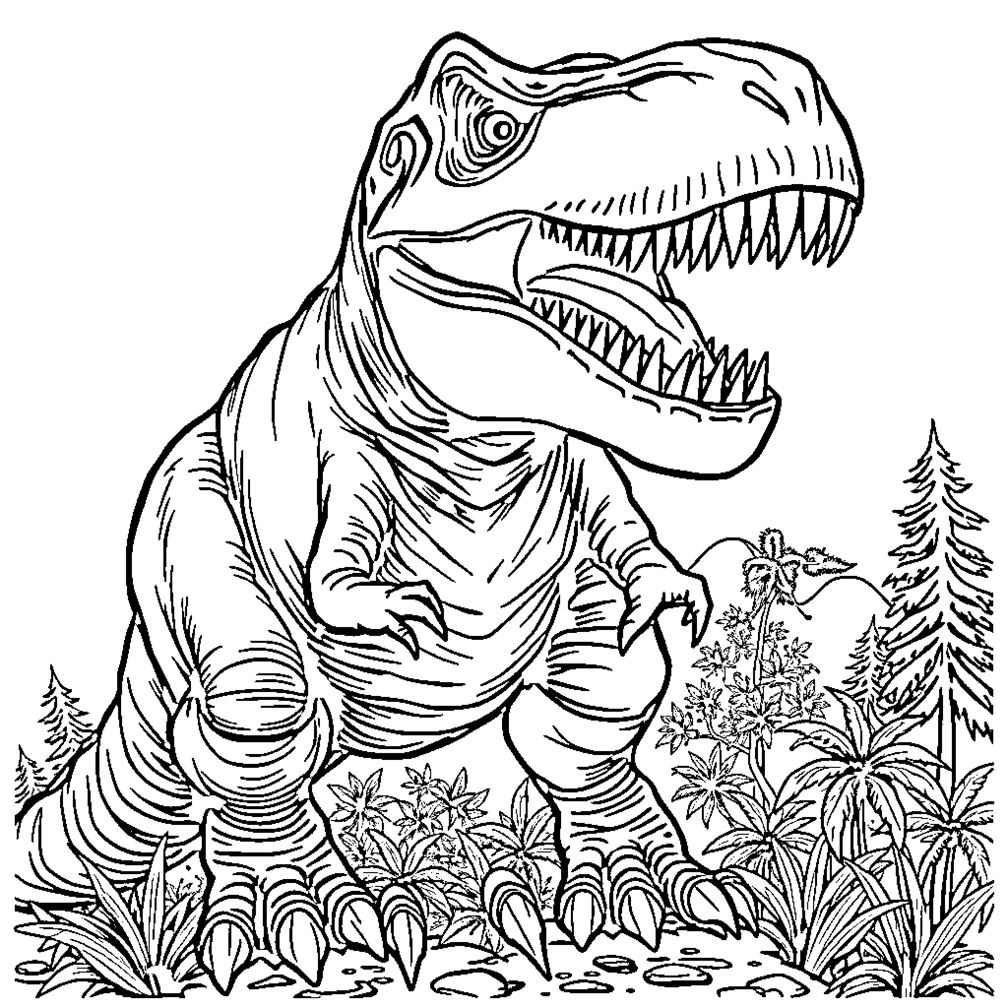 T-Rex Roaring in Prehistoric Landscape Coloring Page (free black-and-white line drawing printable PDF for all, from beginners to advanced learners, including children, teens, adults, and seniors)