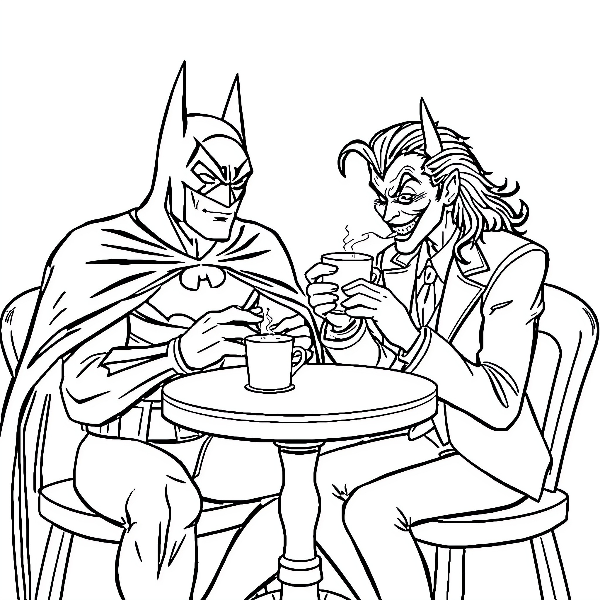 Batman and Joker sharing a coffee moment Coloring Page (free black-and-white line drawing printable PDF for all, from beginners to advanced learners, including children, teens, adults, and seniors)