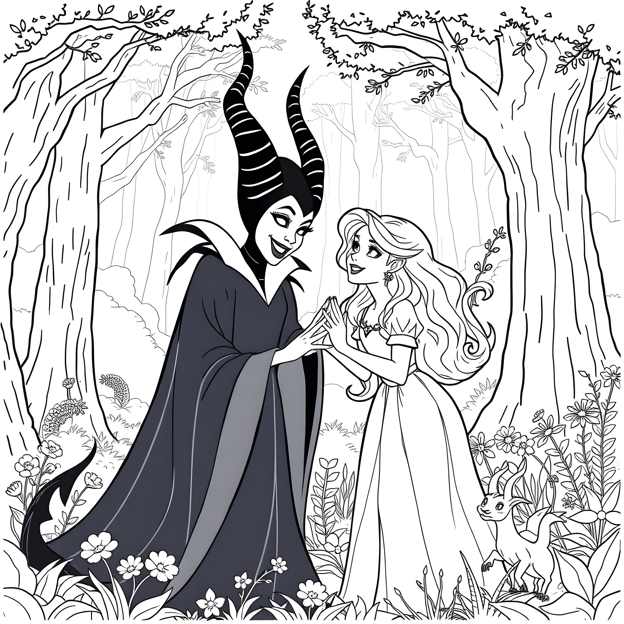 Maleficent and Aurora in the enchanted forest Coloring Page (free black-and-white line drawing printable PDF for all, from beginners to advanced learners, including children, teens, adults, and seniors)