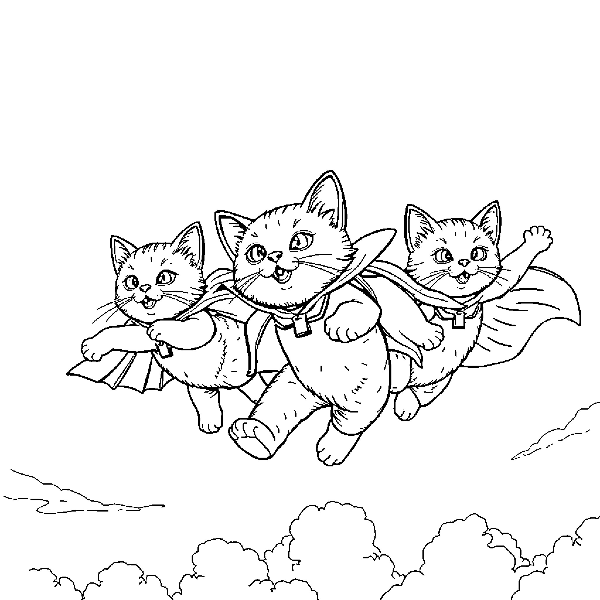 Kitty superheroes soaring through the sky Coloring Page (free black-and-white line drawing printable PDF for all, from beginners to advanced learners, including children, teens, adults, and seniors)