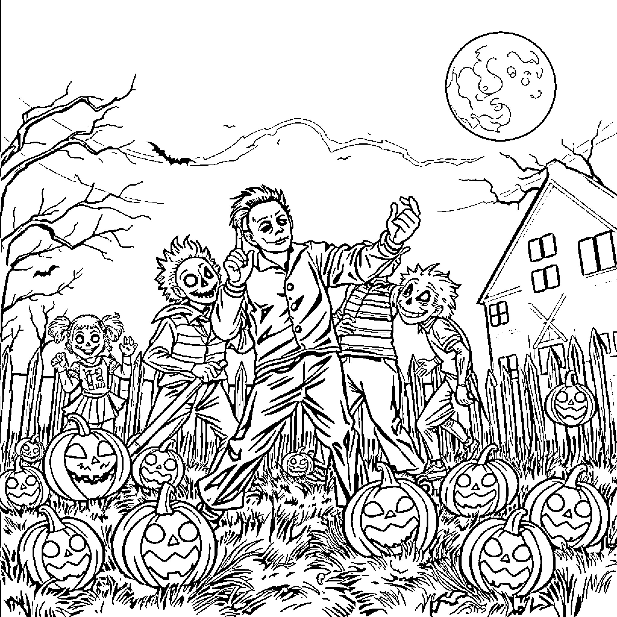 Killer Klowns Frolic in Haunted Halloween Landscape Coloring Page (free black-and-white line drawing printable PDF for all, from beginners to advanced learners, including children, teens, adults, and seniors)