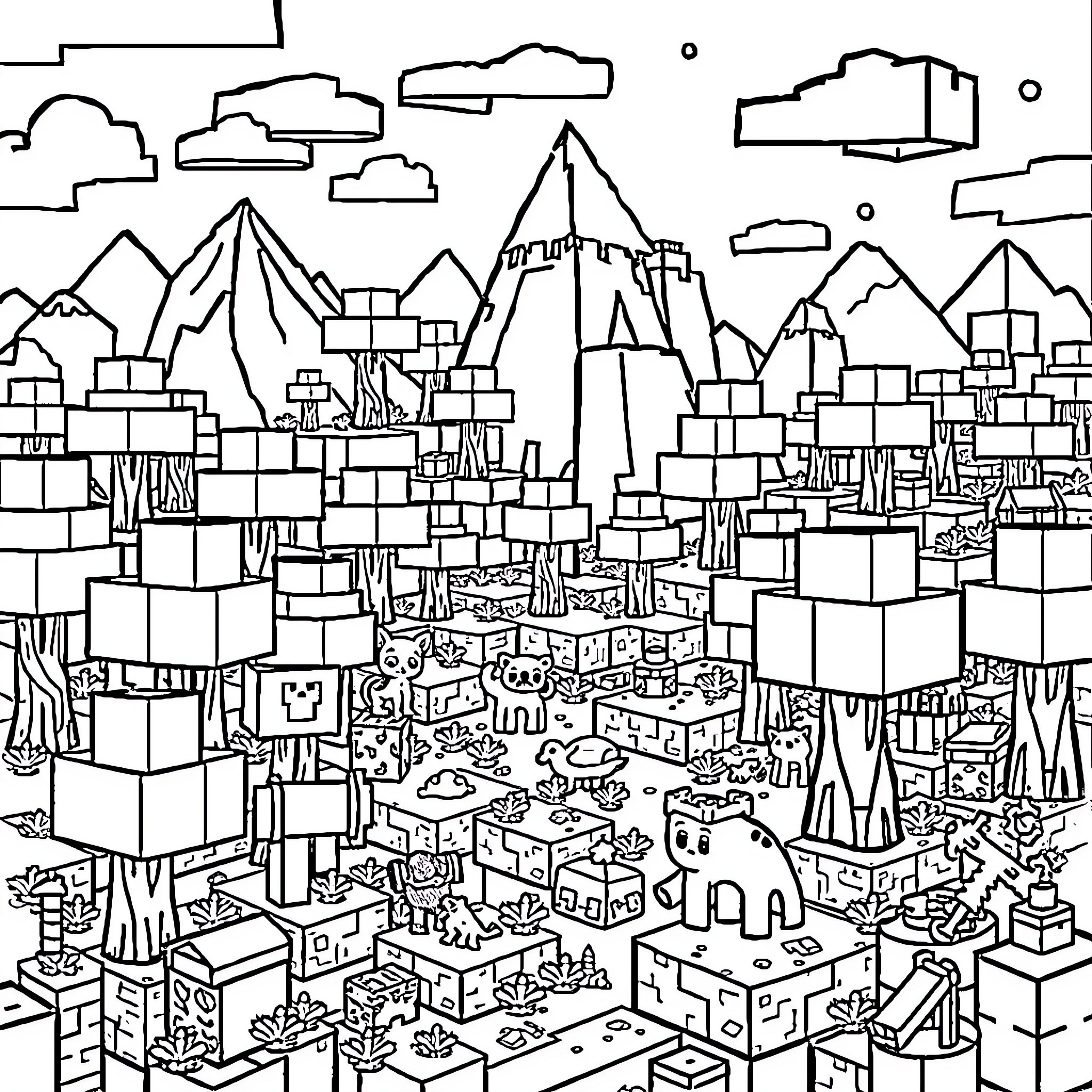 Minecraft Blocks and Creatures Populate Mountainous Landscape Coloring Page (free black-and-white line drawing printable PDF for all, from beginners to advanced learners, including children, teens, adults, and seniors)