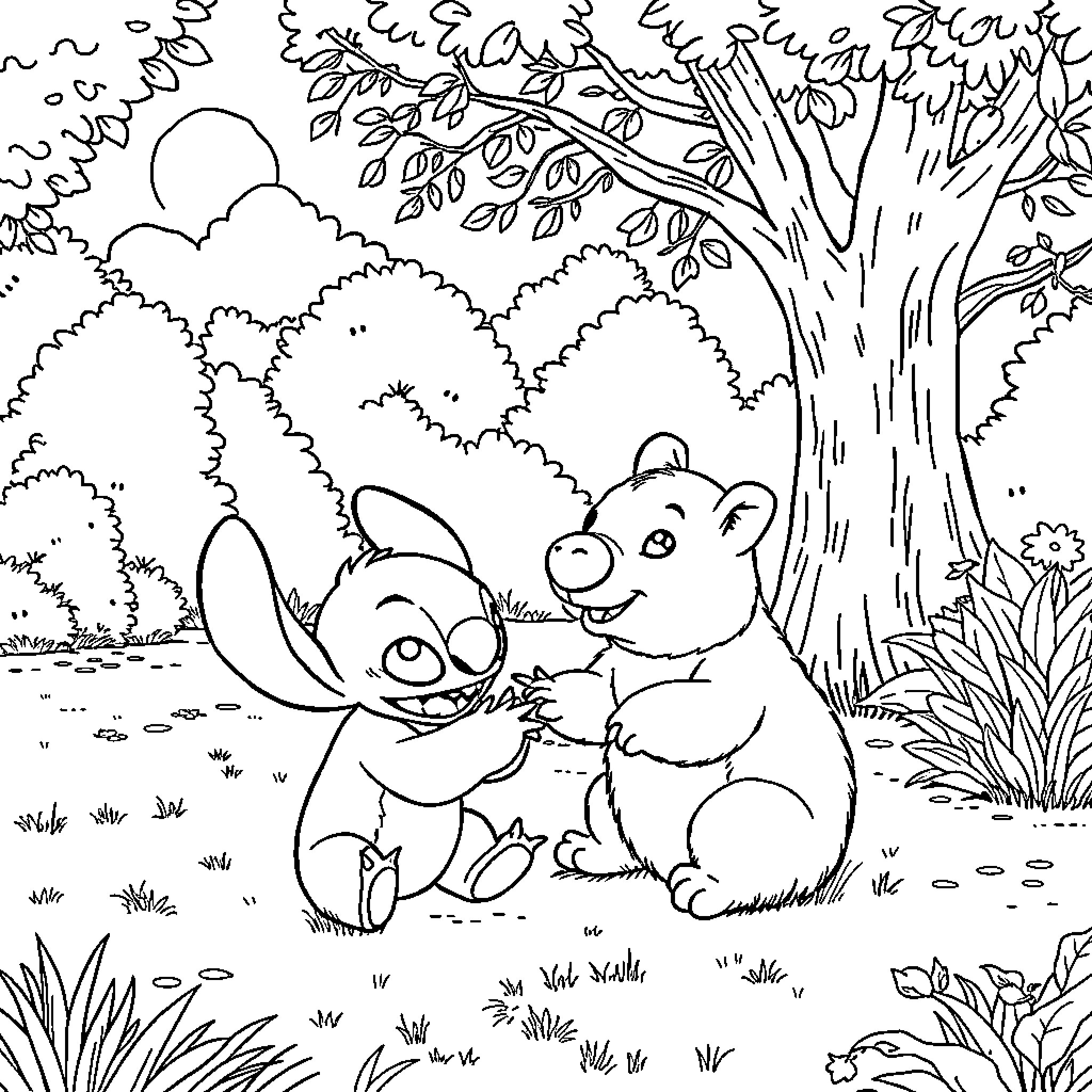 Stitch playing happily with a friend in the forest Coloring Page (free black-and-white line drawing printable PDF for all, from beginners to advanced learners, including children, teens, adults, and seniors)