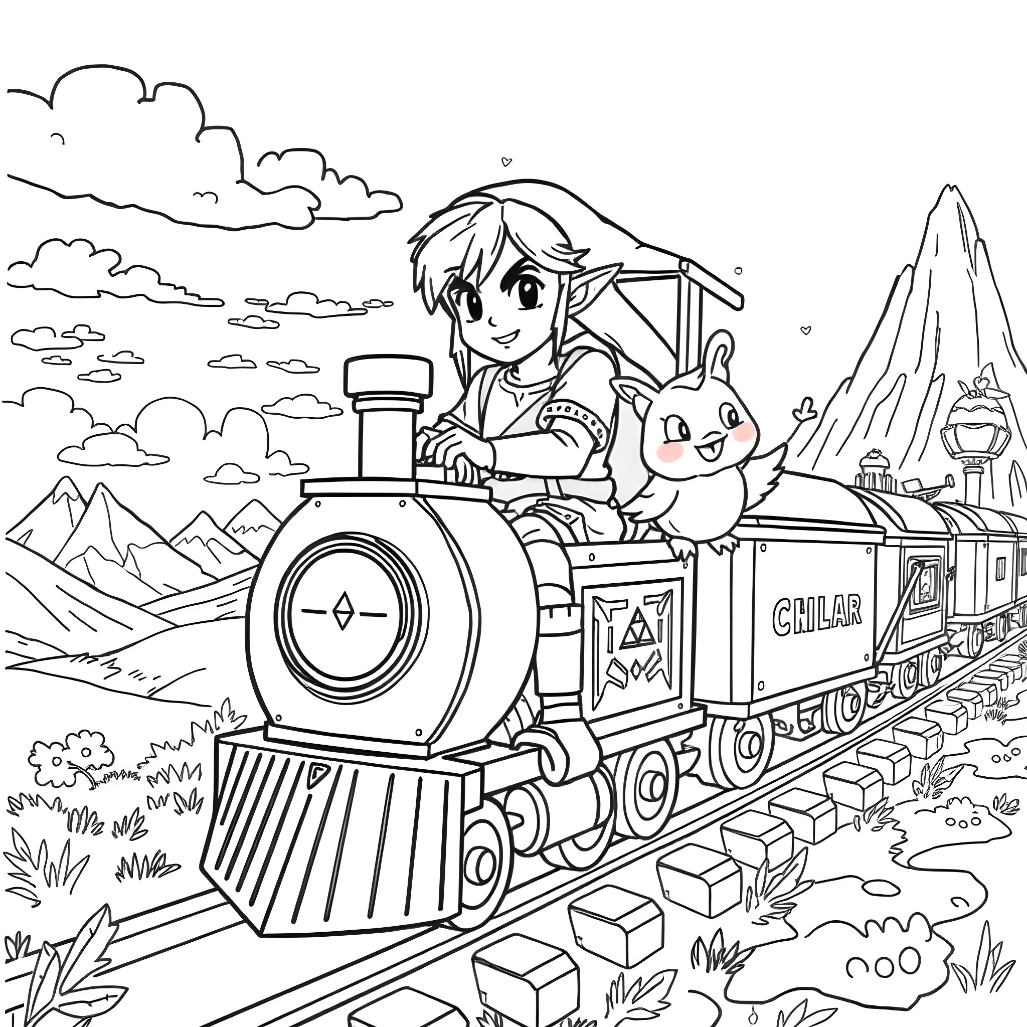 Link Riding a Cartoon Train Through a Fantasy Landscape Coloring Page (free black-and-white line drawing printable PDF for all, from beginners to advanced learners, including children, teens, adults, and seniors)