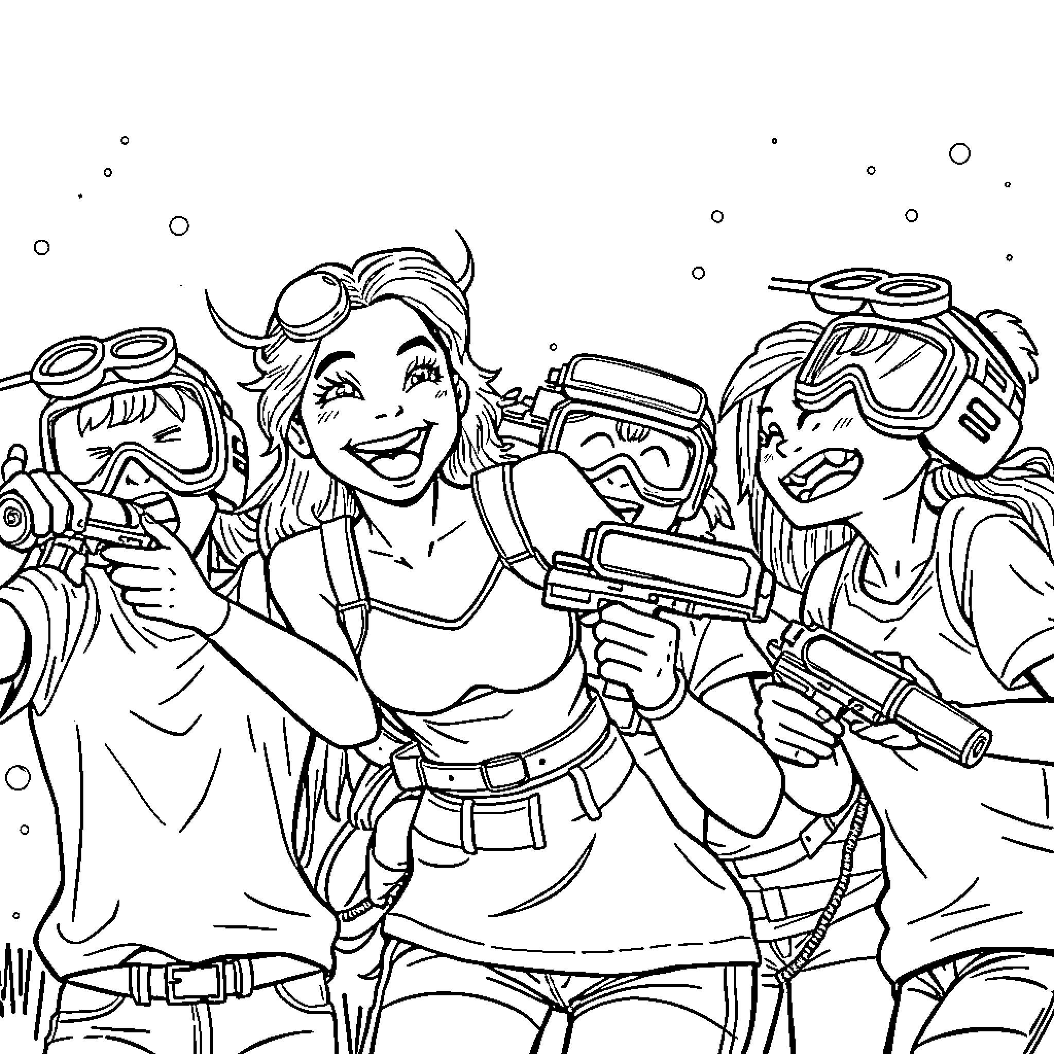 Artemis and her sci-fi space adventurer friends Coloring Page (free black-and-white line drawing printable PDF for all, from beginners to advanced learners, including children, teens, adults, and seniors)