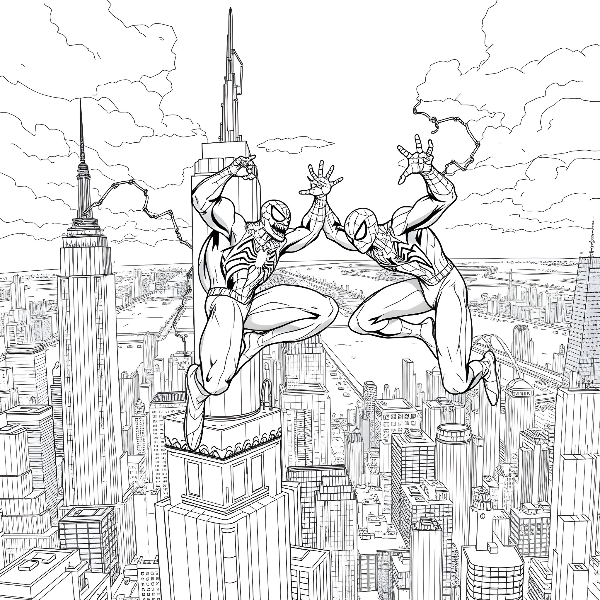 Venom and Spider-Men swinging through a city skyline Coloring Page (free black-and-white line drawing printable PDF for all, from beginners to advanced learners, including children, teens, adults, and seniors)