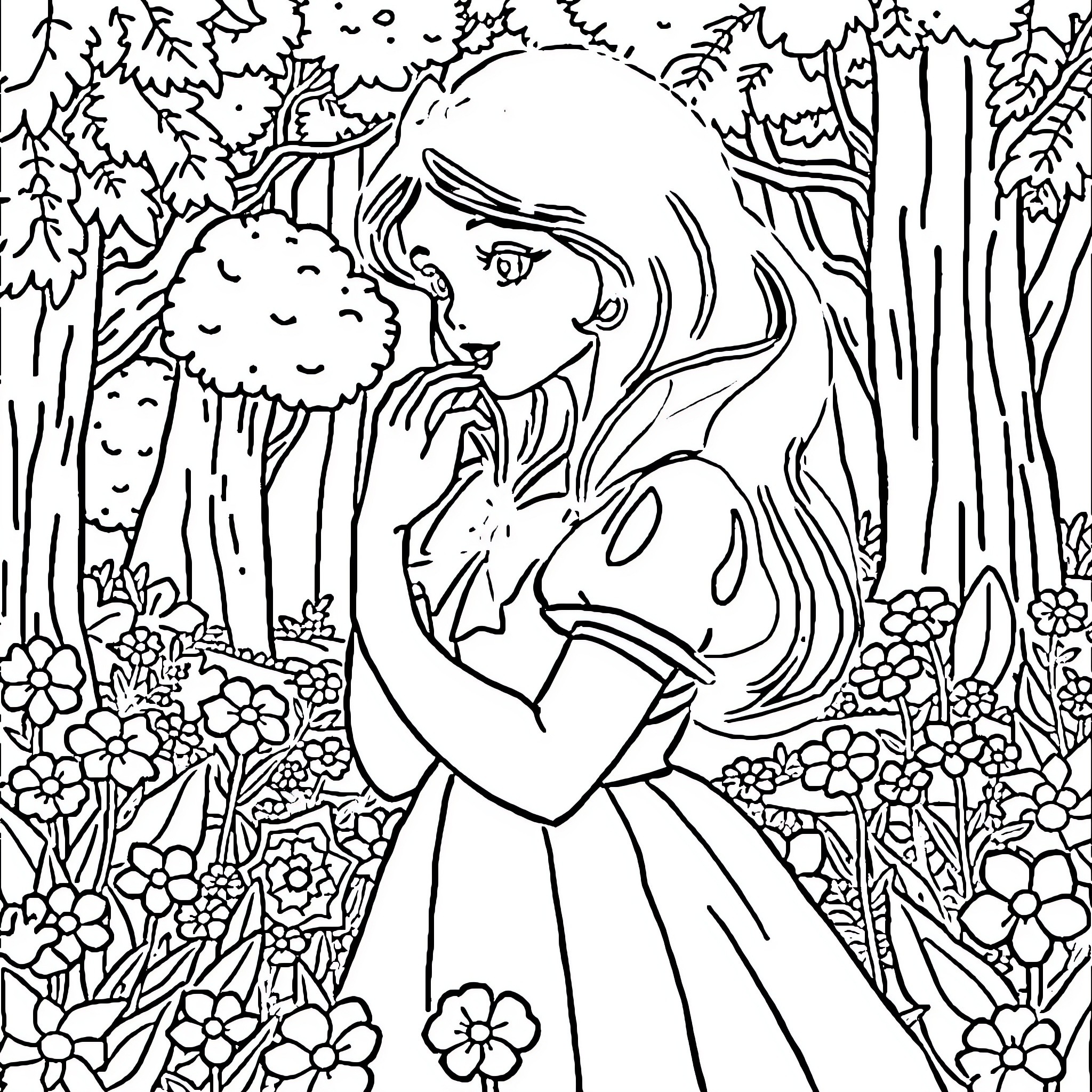 Snow White in the Enchanted Forest Coloring Page (free black-and-white line drawing printable PDF for all, from beginners to advanced learners, including children, teens, adults, and seniors)