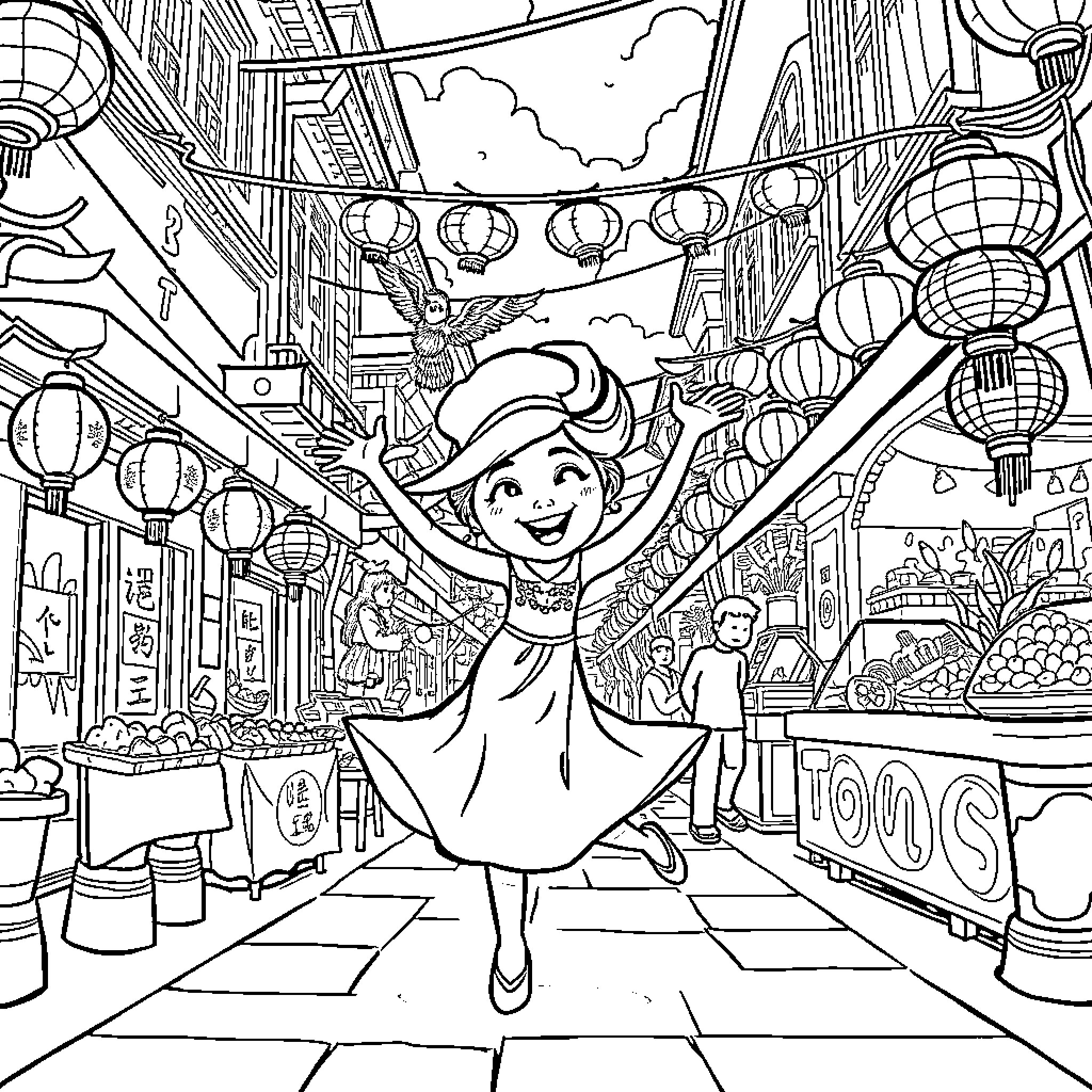 Turning Red: Girl Celebrates in Festive Street Scene Coloring Page (free black-and-white line drawing printable PDF for all, from beginners to advanced learners, including children, teens, adults, and seniors)