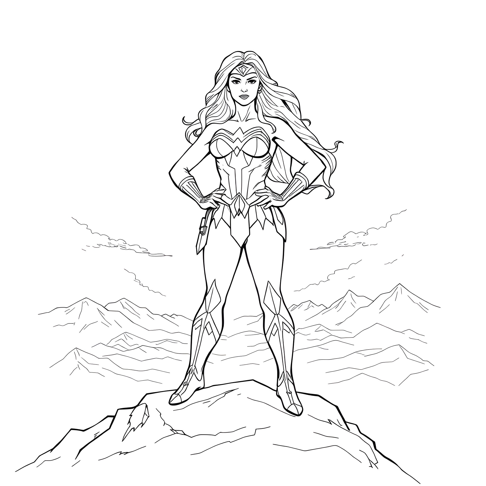 Wonder Woman in heroic stance over mountains Coloring Page (free black-and-white line drawing printable PDF for all, from beginners to advanced learners, including children, teens, adults, and seniors)