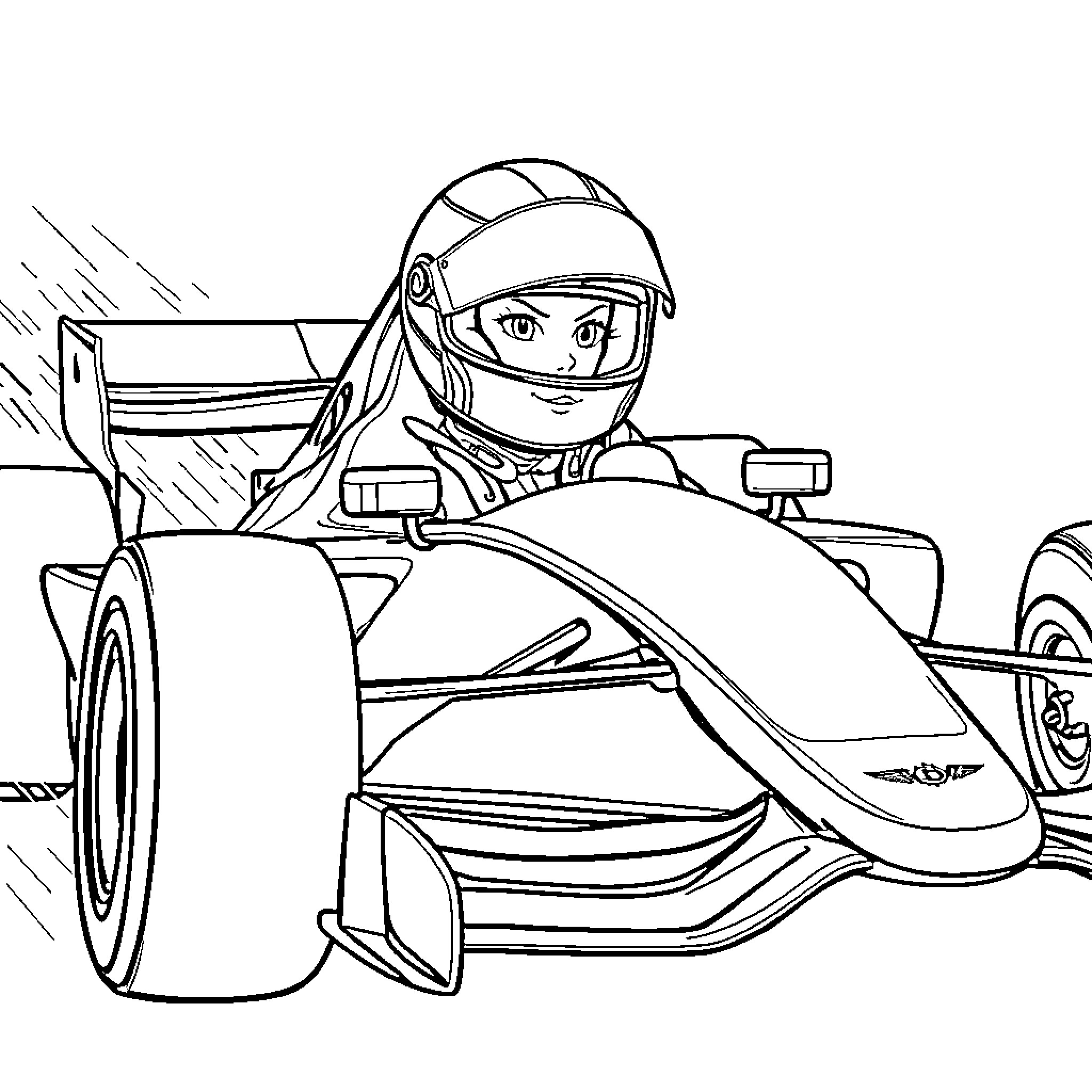 Formula 1 Car with Racer Driving at High Speed Coloring Page (free black-and-white line drawing printable PDF for all, from beginners to advanced learners, including children, teens, adults, and seniors)