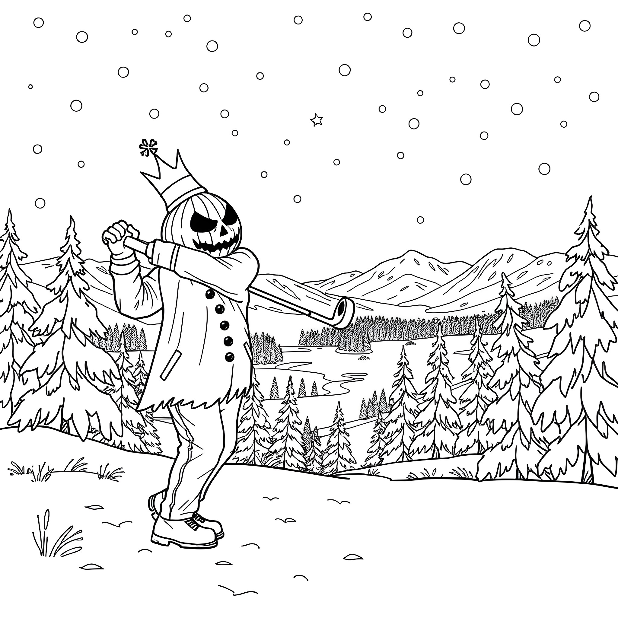 Jack celebrates winter in the snowy mountains Coloring Page (free black-and-white line drawing printable PDF for all, from beginners to advanced learners, including children, teens, adults, and seniors)