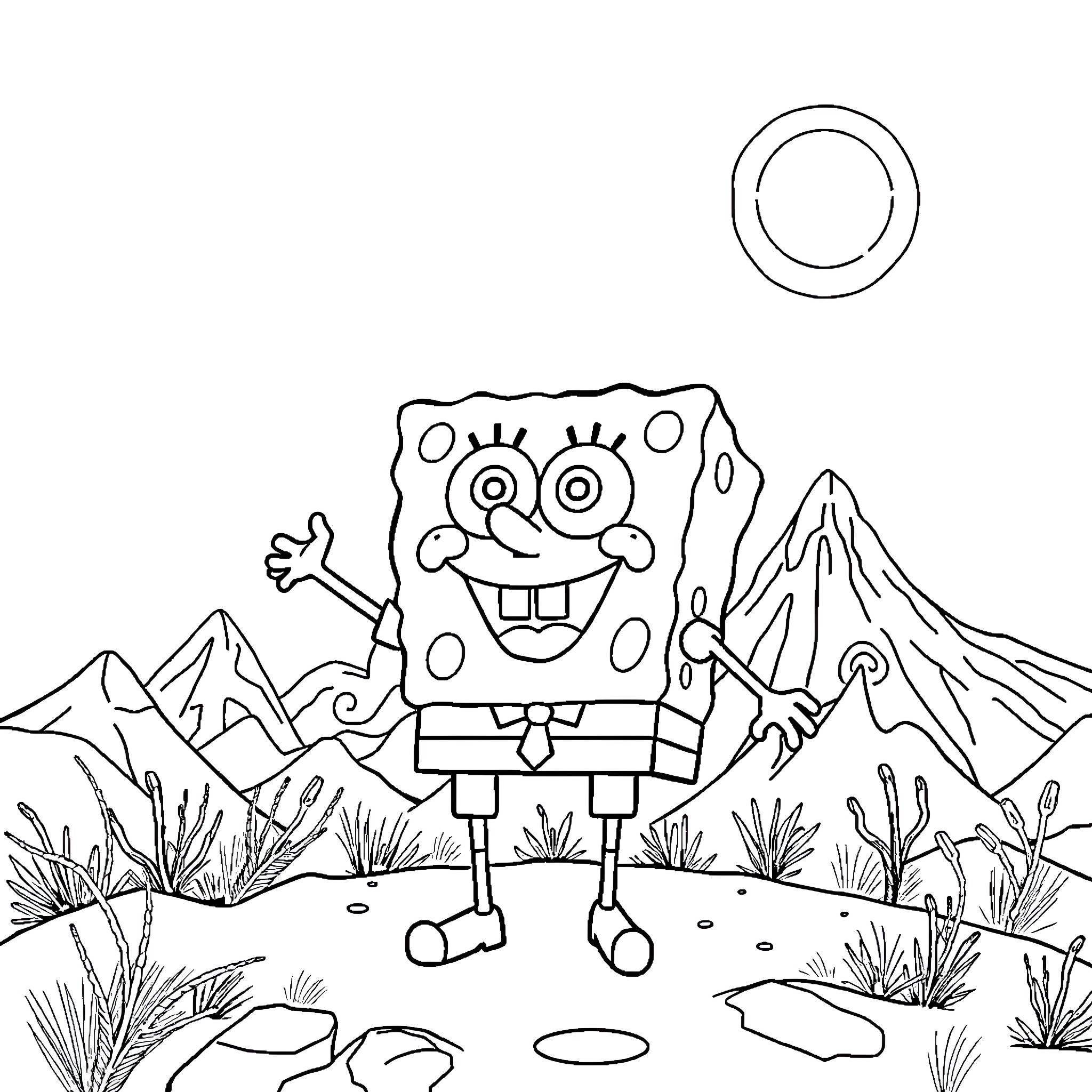Spongebob exploring the mountains and nature Coloring Page (free black-and-white line drawing printable PDF for all, from beginners to advanced learners, including children, teens, adults, and seniors)
