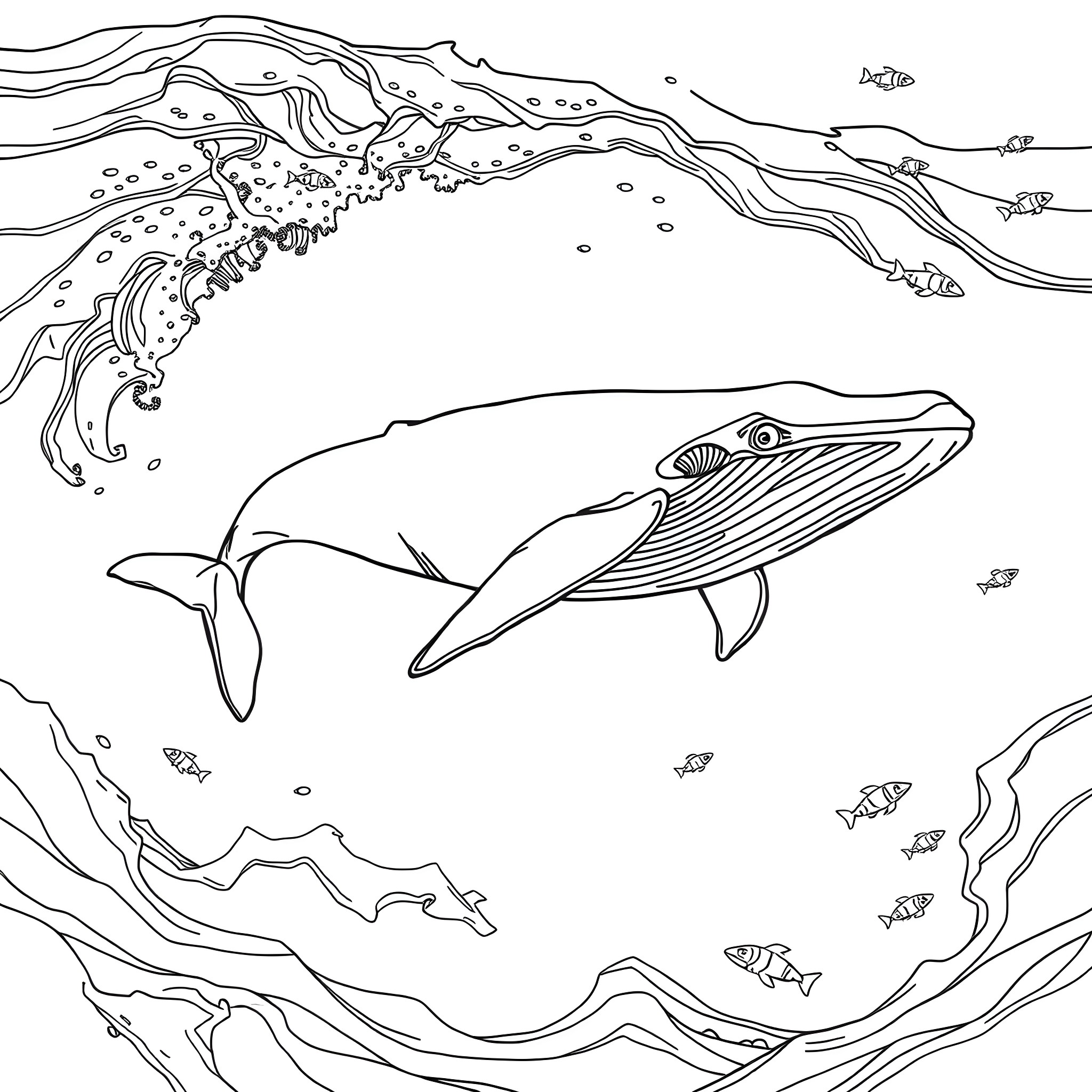Whale swimming gracefully through the ocean Coloring Page (free black-and-white line drawing printable PDF for all, from beginners to advanced learners, including children, teens, adults, and seniors)