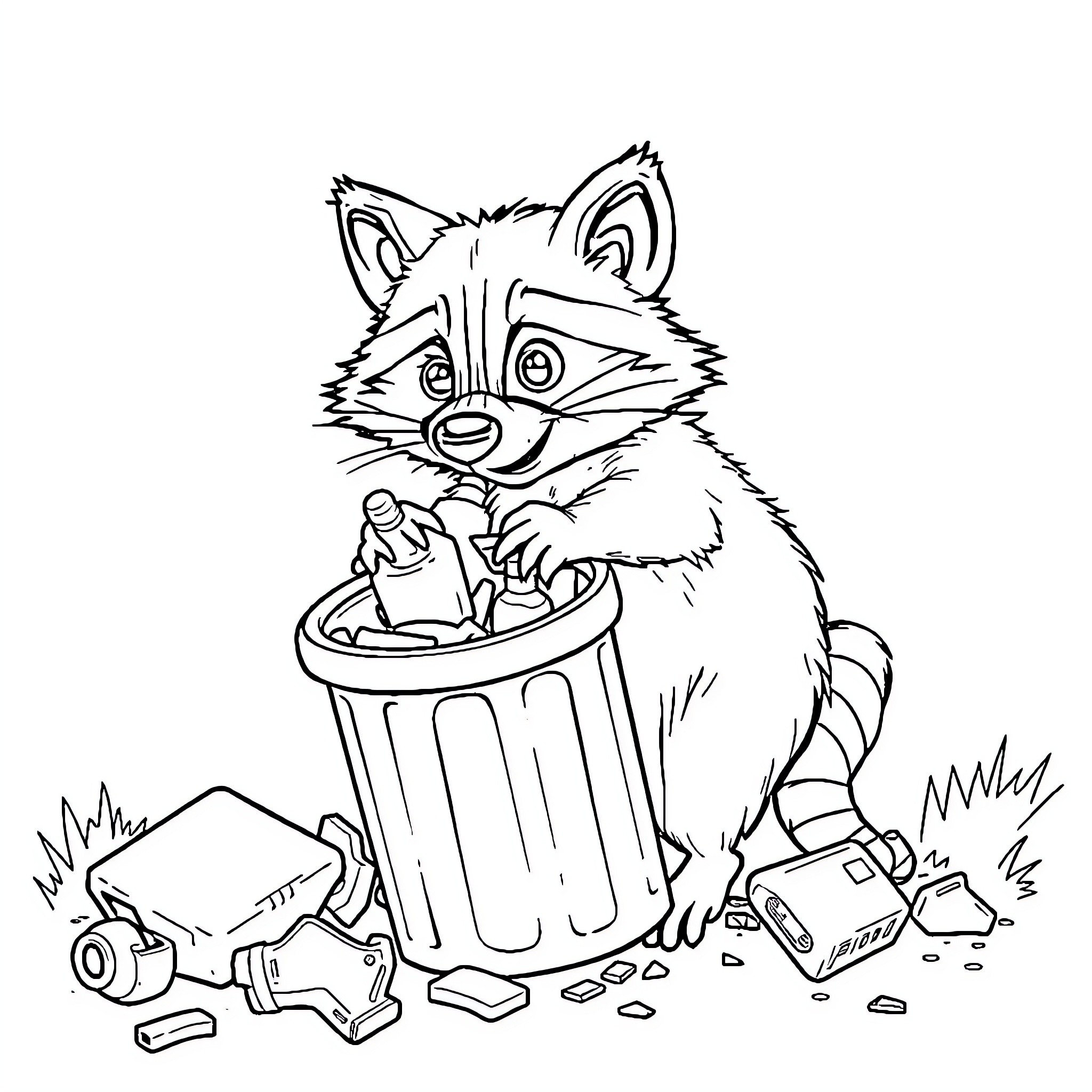 Raccoon rummaging through trash in the city Coloring Page (free black-and-white line drawing printable PDF for all, from beginners to advanced learners, including children, teens, adults, and seniors)