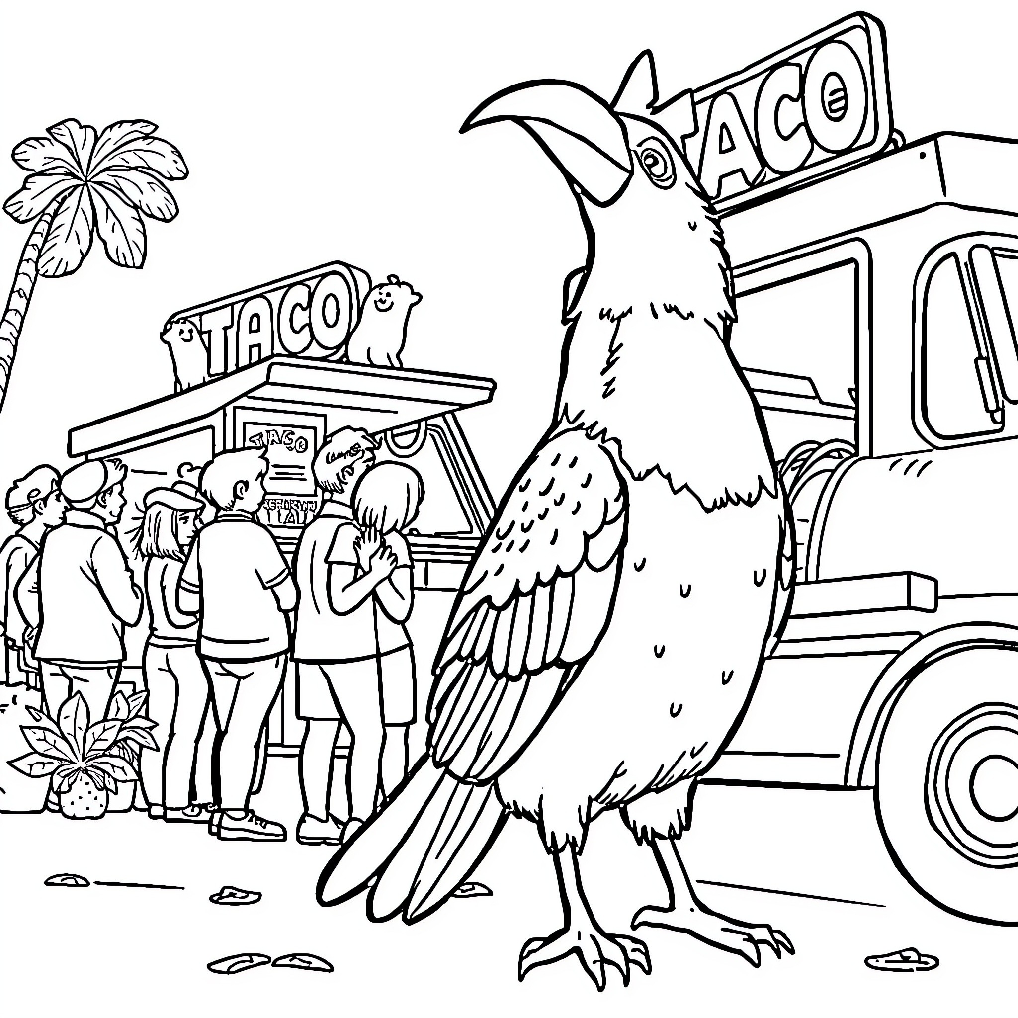 Bird enjoying Taco truck in city Coloring Page (free black-and-white line drawing printable PDF for all, from beginners to advanced learners, including children, teens, adults, and seniors)