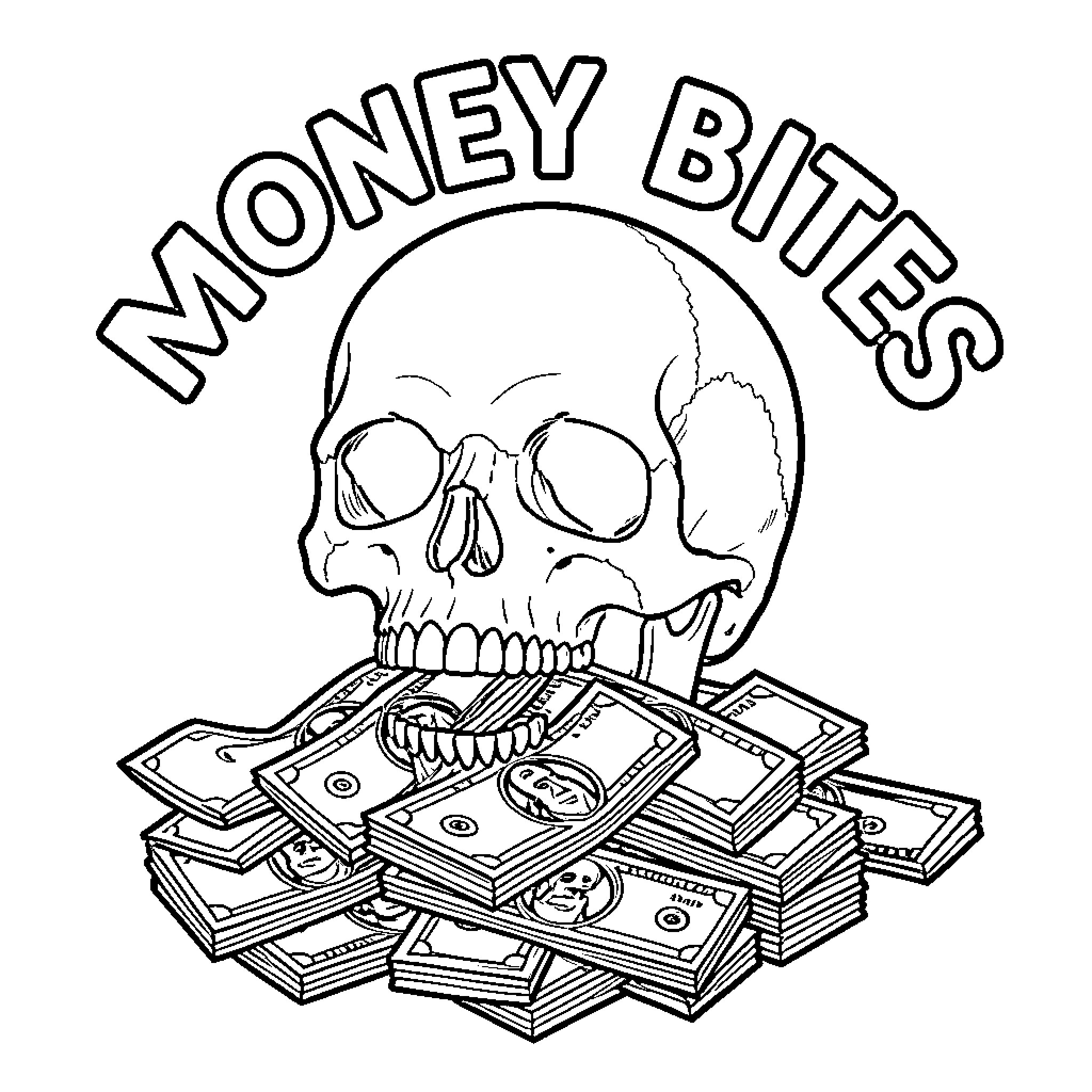 Skull surrounded by money bites Coloring Page (free black-and-white line drawing printable PDF for all, from beginners to advanced learners, including children, teens, adults, and seniors)
