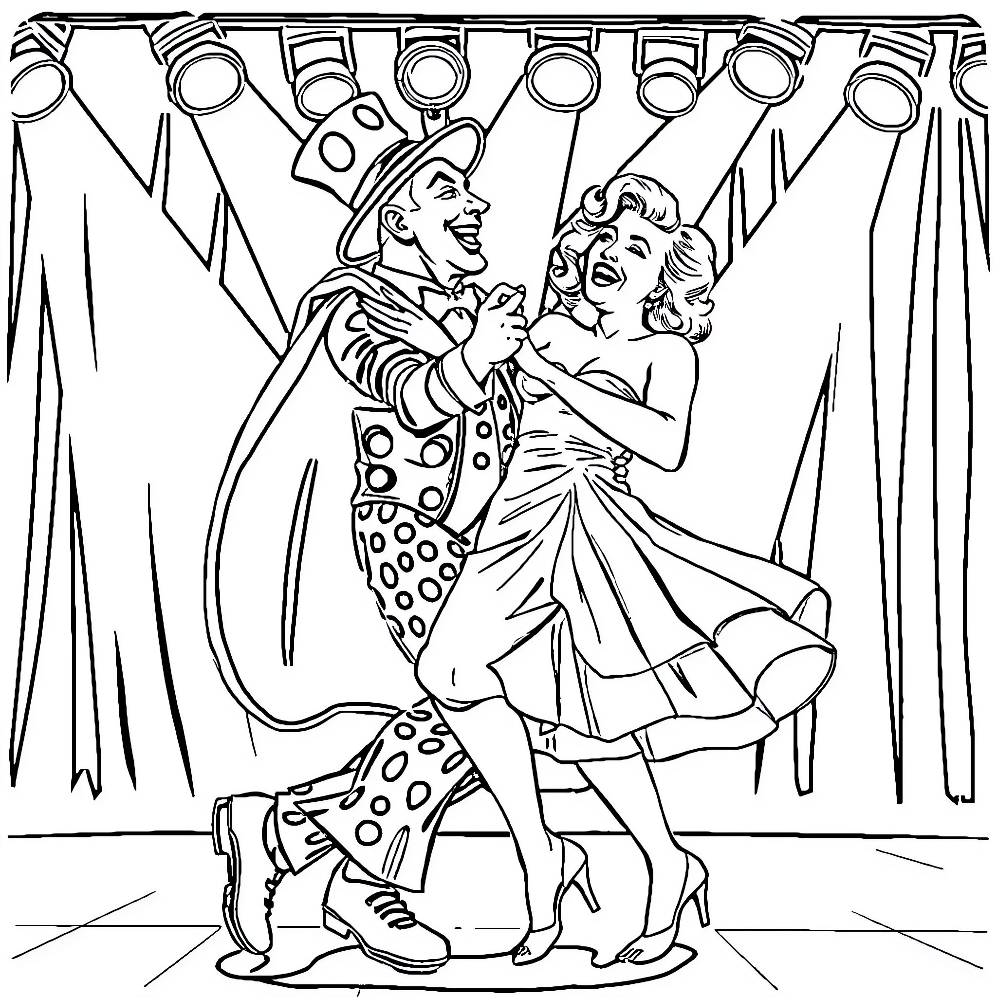 Comedian duo entertaining on stage Coloring Page (free black-and-white line drawing printable PDF for all, from beginners to advanced learners, including children, teens, adults, and seniors)