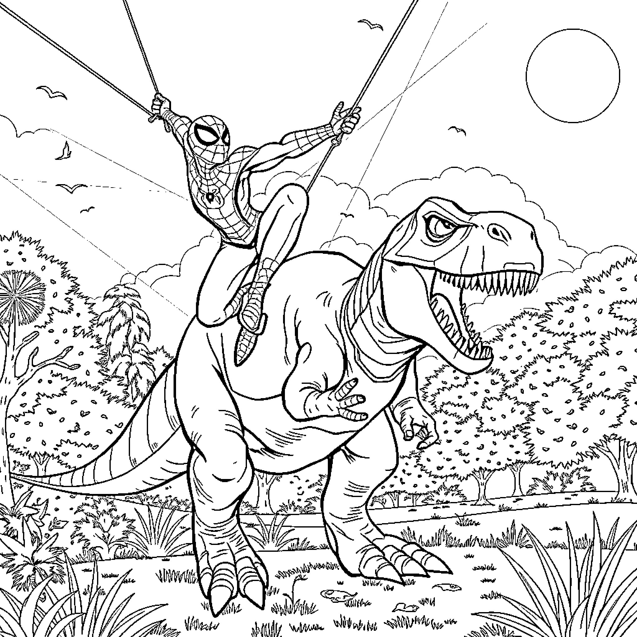 Spider-Man swinging through the city with a dinosaur Coloring Page (free black-and-white line drawing printable PDF for all, from beginners to advanced learners, including children, teens, adults, and seniors)