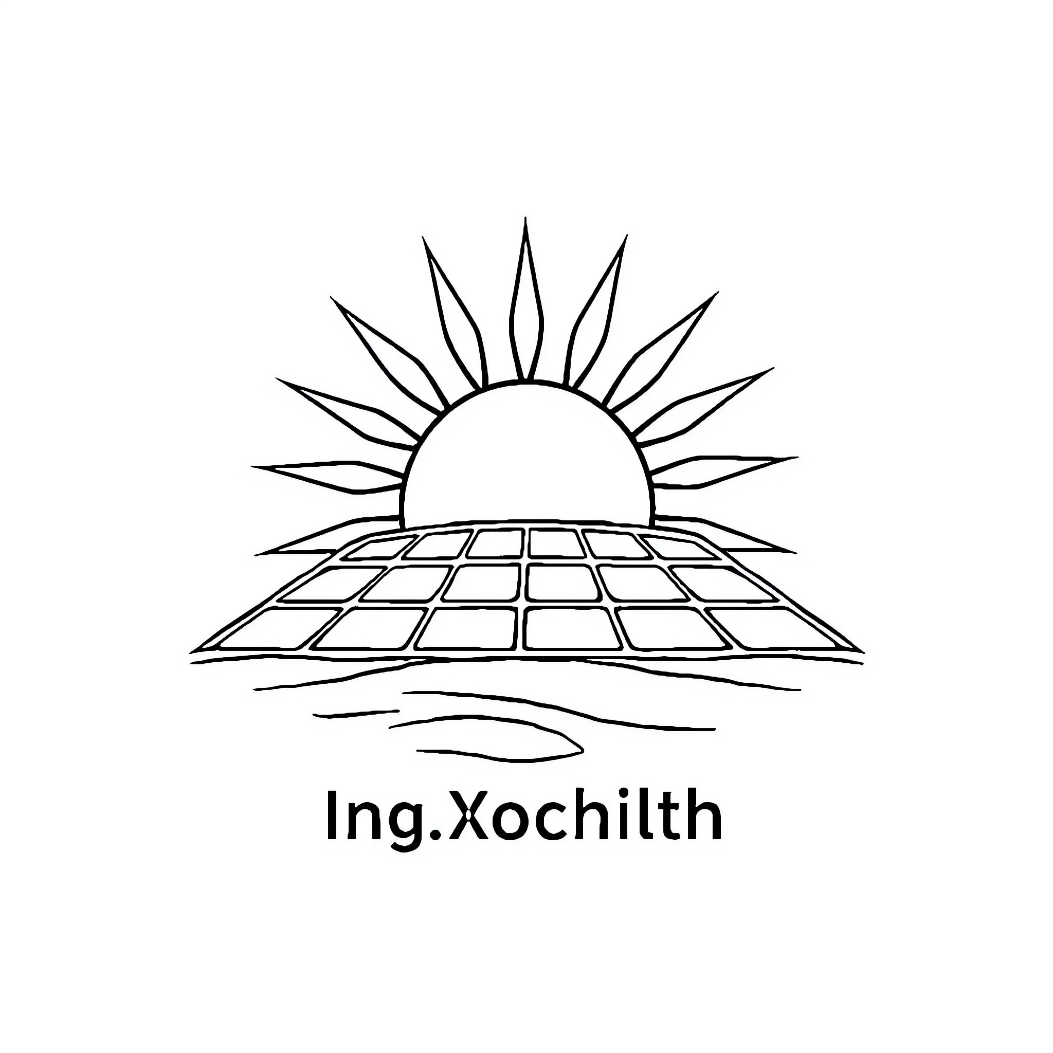 Logo of Rising Sun over Solar Panels Coloring Page (free black-and-white line drawing printable PDF for all, from beginners to advanced learners, including children, teens, adults, and seniors)