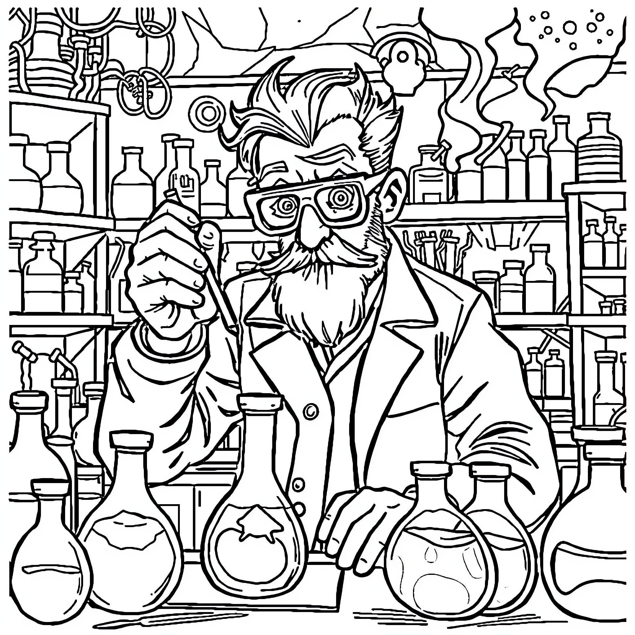 Scientist conducting experiments in a laboratory Coloring Page (free black-and-white line drawing printable PDF for all, from beginners to advanced learners, including children, teens, adults, and seniors)