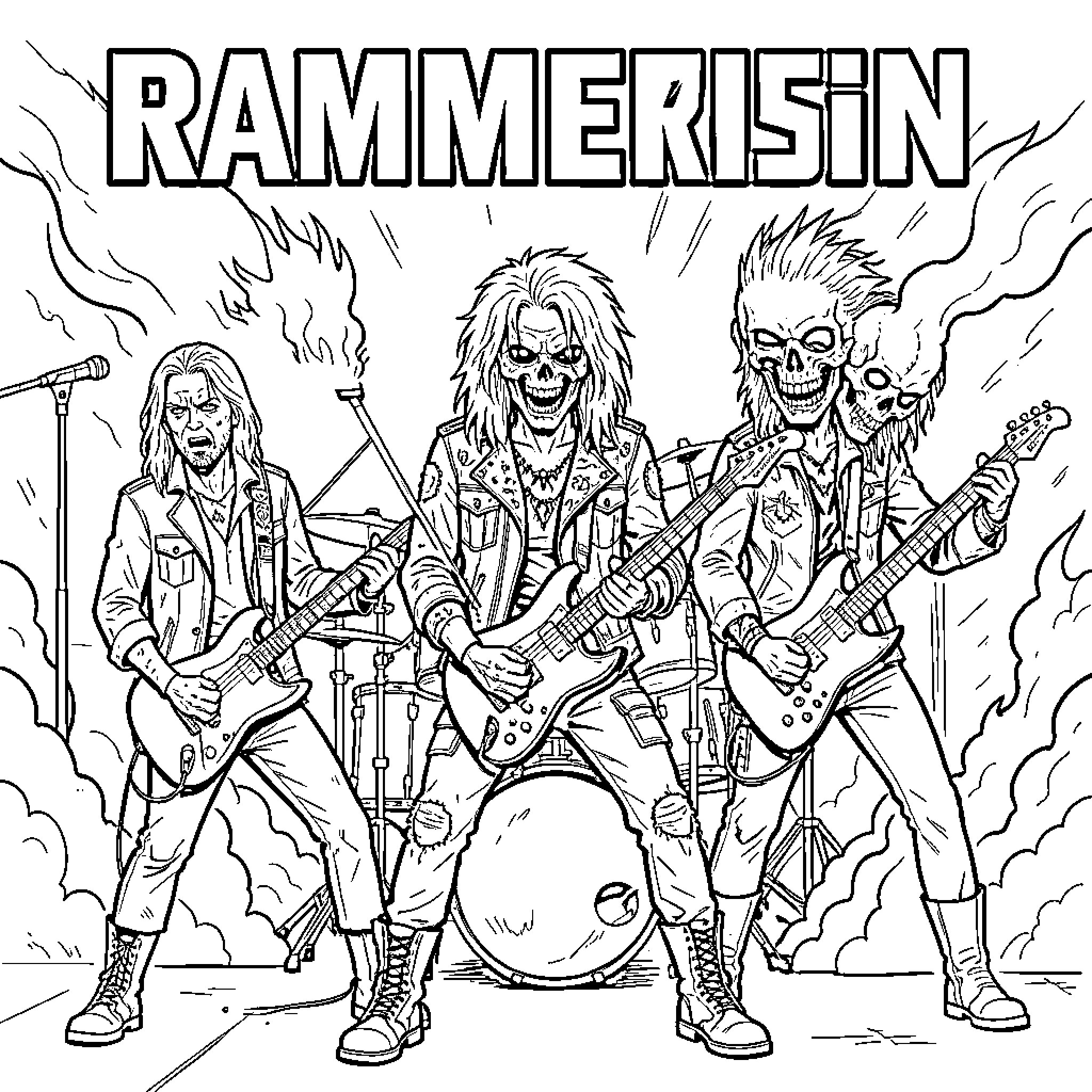 Rammstein members performing as skeletons on stage Coloring Page (free black-and-white line drawing printable PDF for all, from beginners to advanced learners, including children, teens, adults, and seniors)