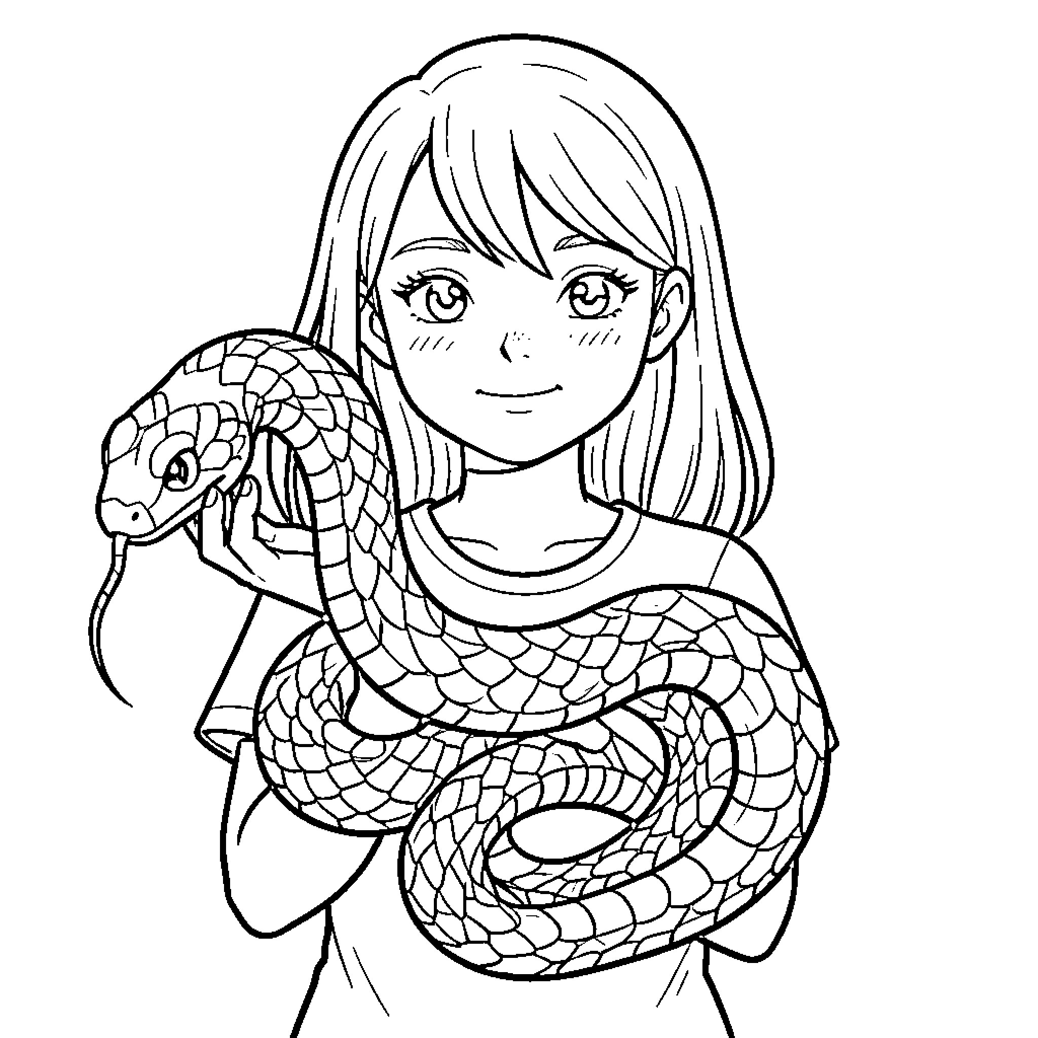 Girl hugging friendly snake Coloring Page (free black-and-white line drawing printable PDF for all, from beginners to advanced learners, including children, teens, adults, and seniors)