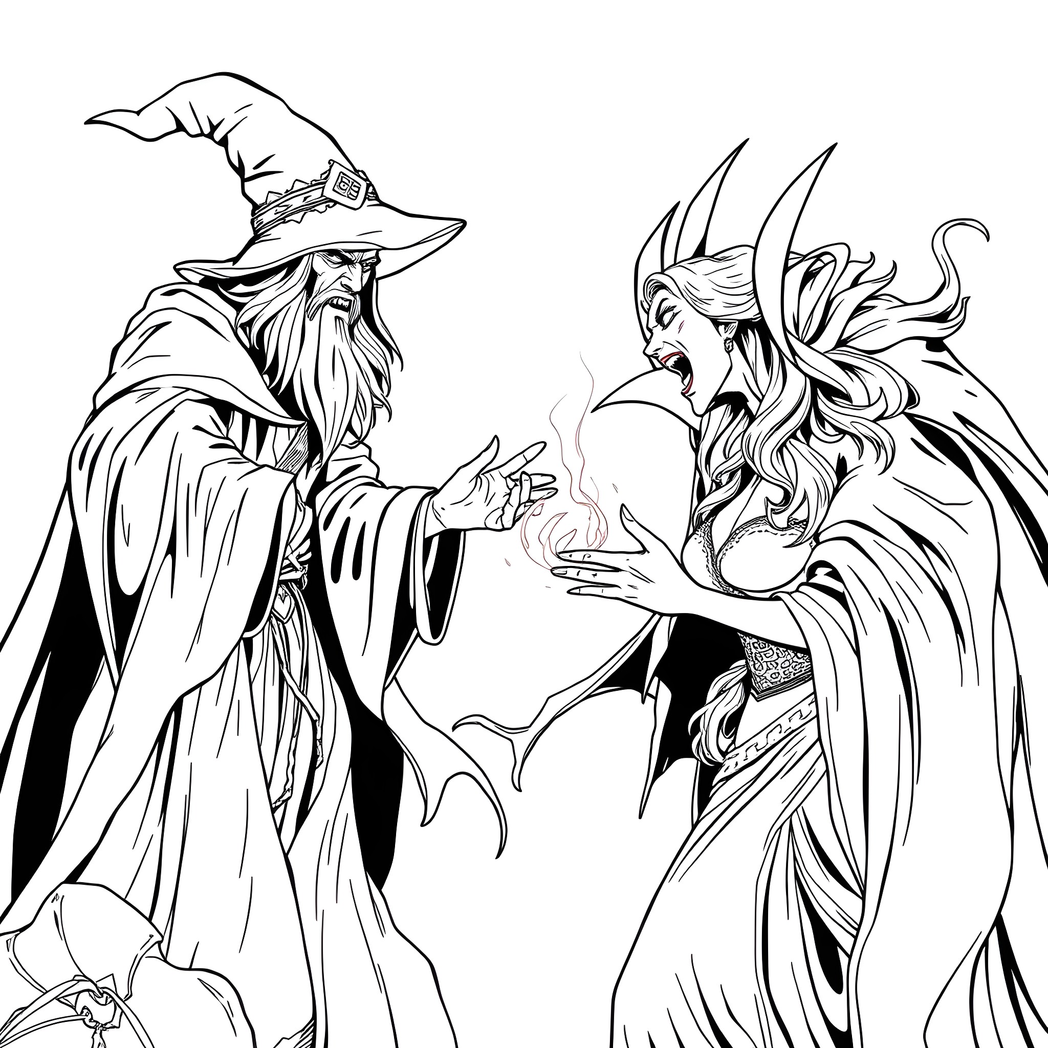 Wizard and Witch in Dramatic Confrontation Coloring Page (free black-and-white line drawing printable PDF for all, from beginners to advanced learners, including children, teens, adults, and seniors)