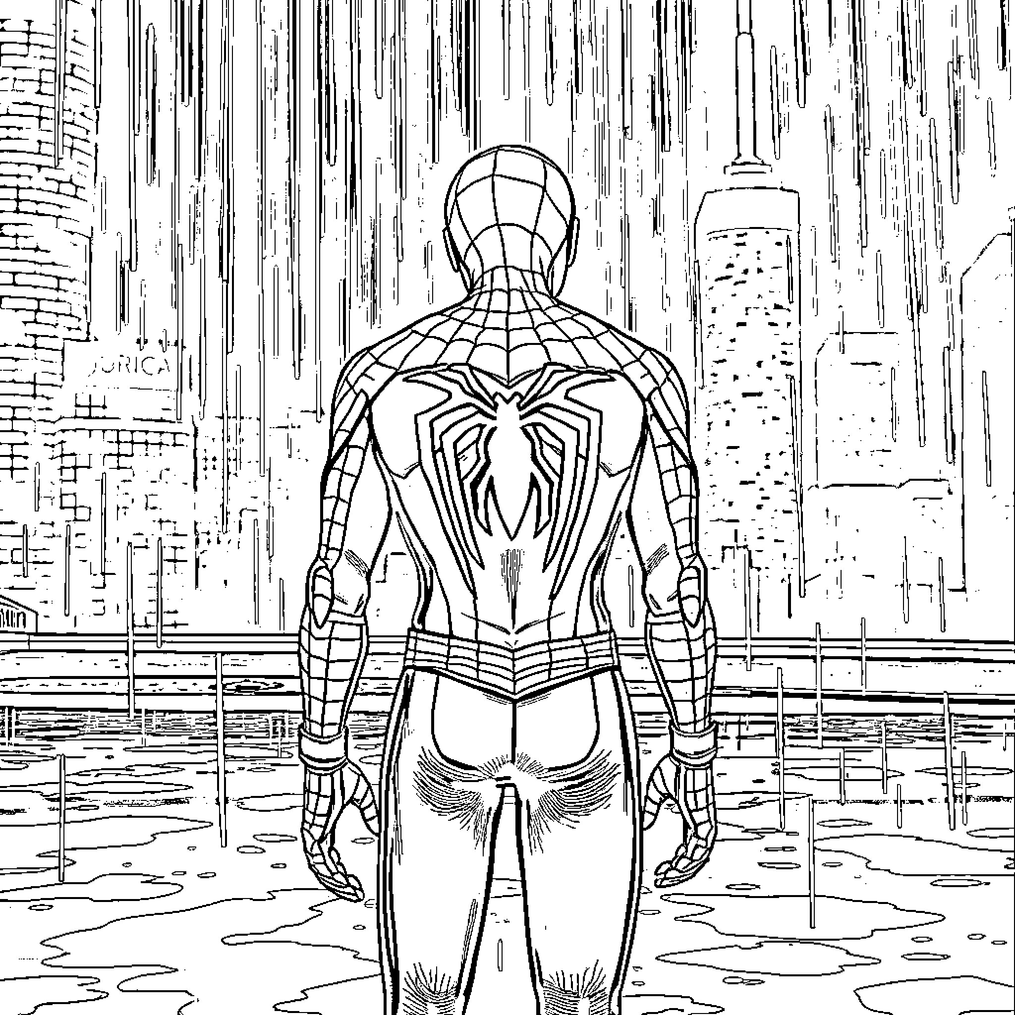 Spider-Man facing the city in the rain Coloring Page (free black-and-white line drawing printable PDF for all, from beginners to advanced learners, including children, teens, adults, and seniors)