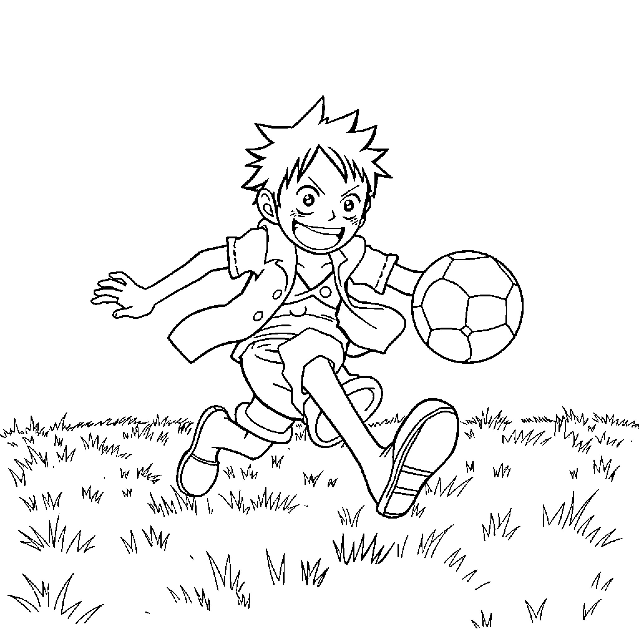 Luffy playing soccer with a joyful expression Coloring Page (free black-and-white line drawing printable PDF for all, from beginners to advanced learners, including children, teens, adults, and seniors)