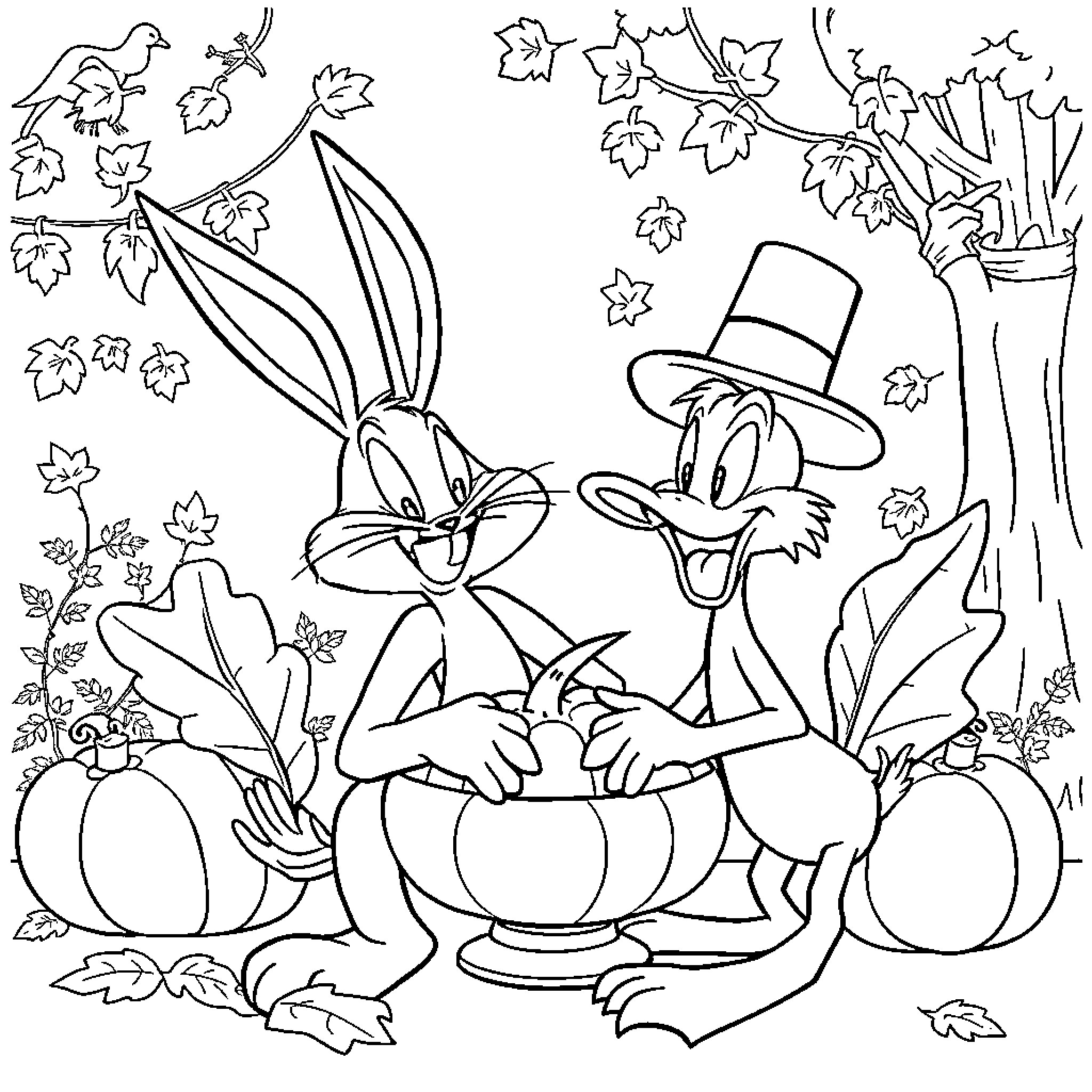 Thanksgiving with Cartoon Characters Coloring Page (free black-and-white line drawing printable PDF for all, from beginners to advanced learners, including children, teens, adults, and seniors)