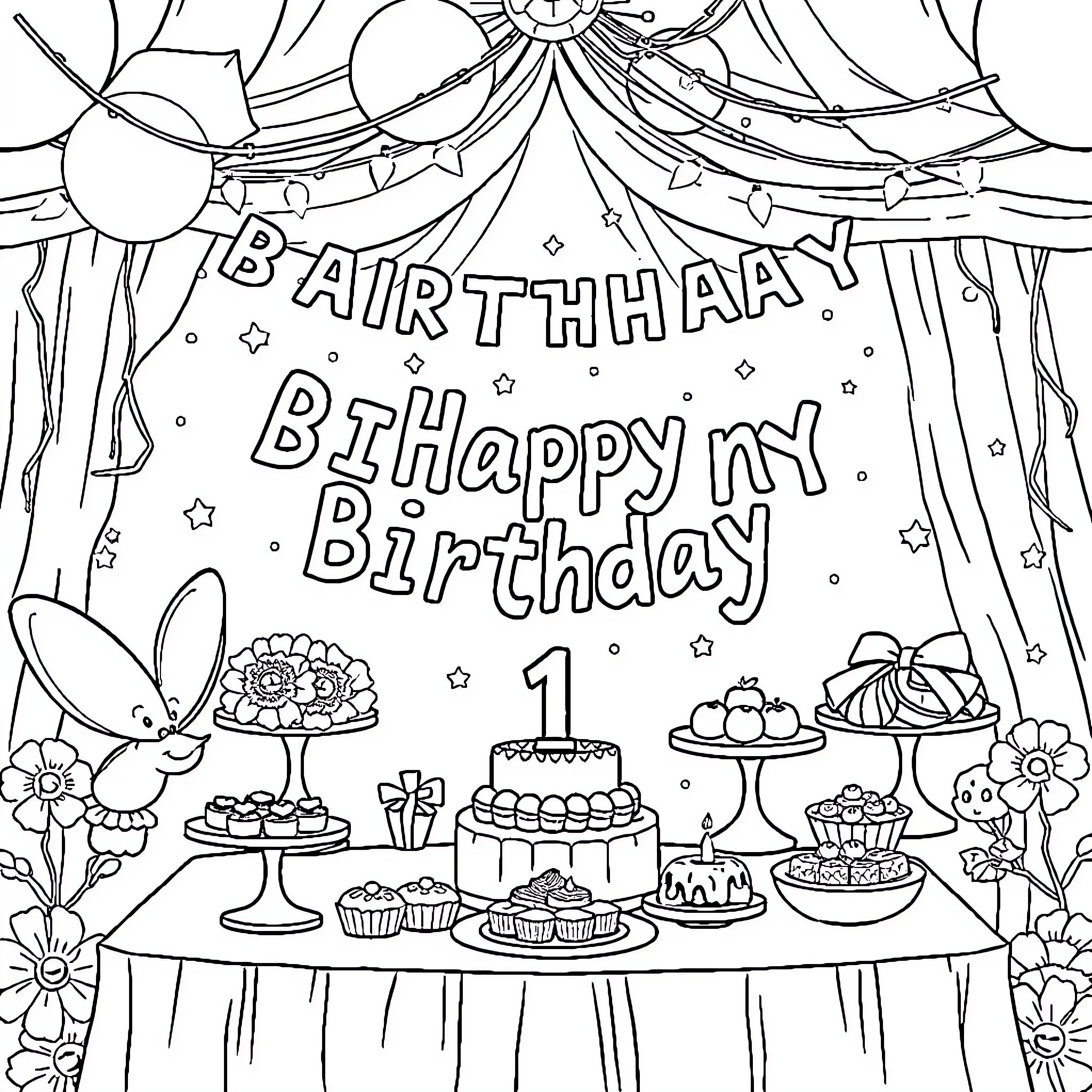 Fairy Birthday Celebration with Treats and Decorations Coloring Page (free black-and-white line drawing printable PDF for all, from beginners to advanced learners, including children, teens, adults, and seniors)