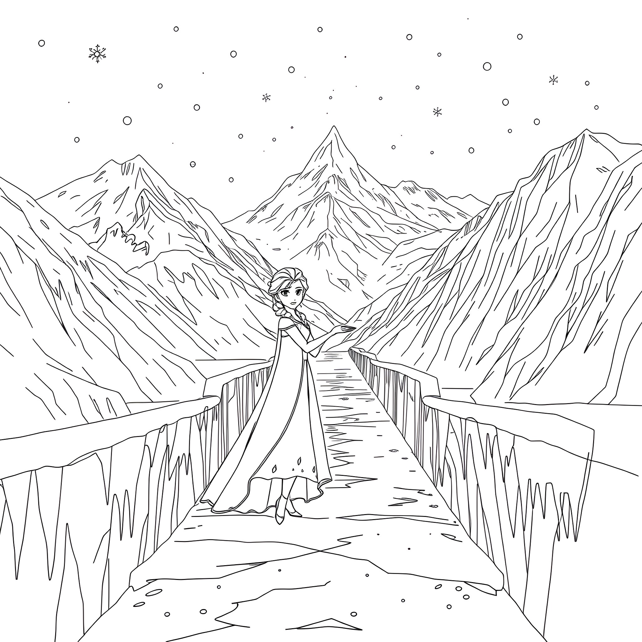 Elsa and Anna walking on a snowy bridge in the mountains Coloring Page (free black-and-white line drawing printable PDF for all, from beginners to advanced learners, including children, teens, adults, and seniors)