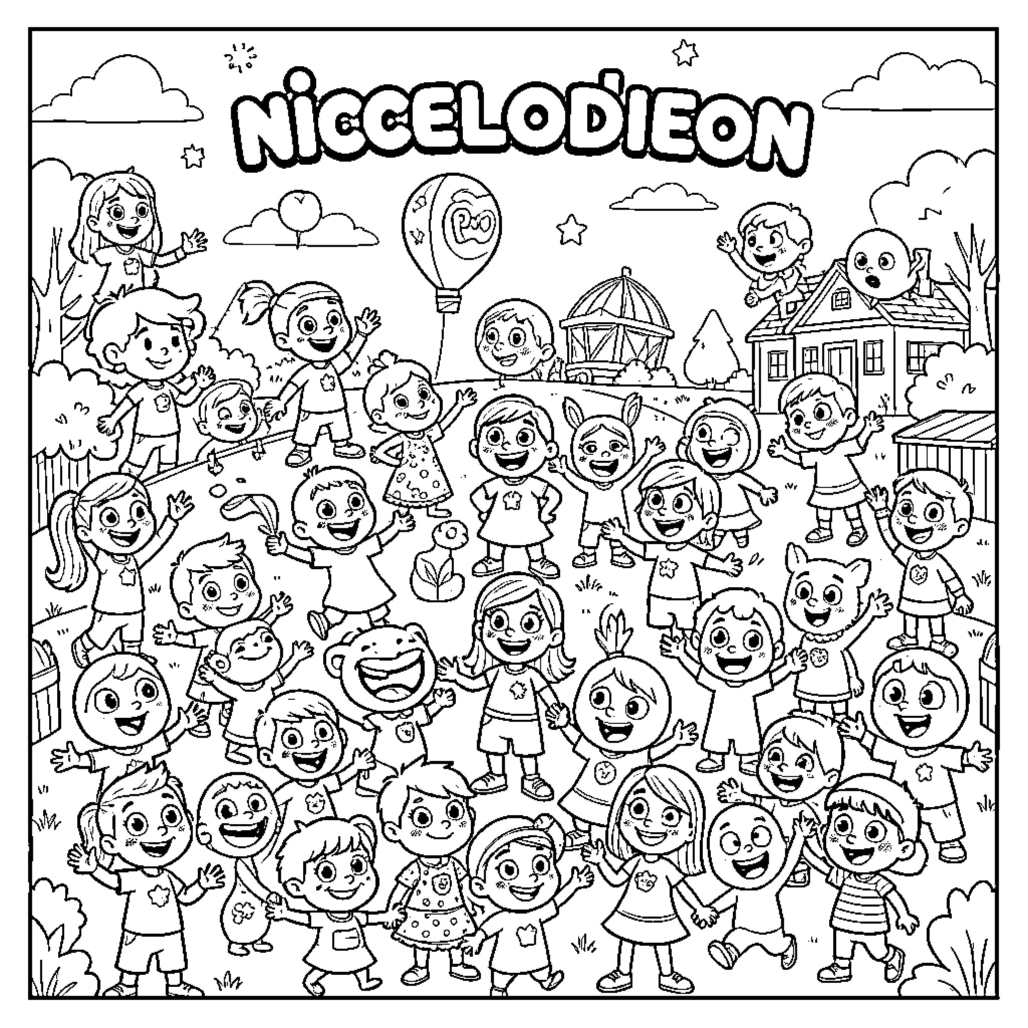 Nickelodeon Animated Characters in Outdoor Scene Coloring Page (free black-and-white line drawing printable PDF for all, from beginners to advanced learners, including children, teens, adults, and seniors)
